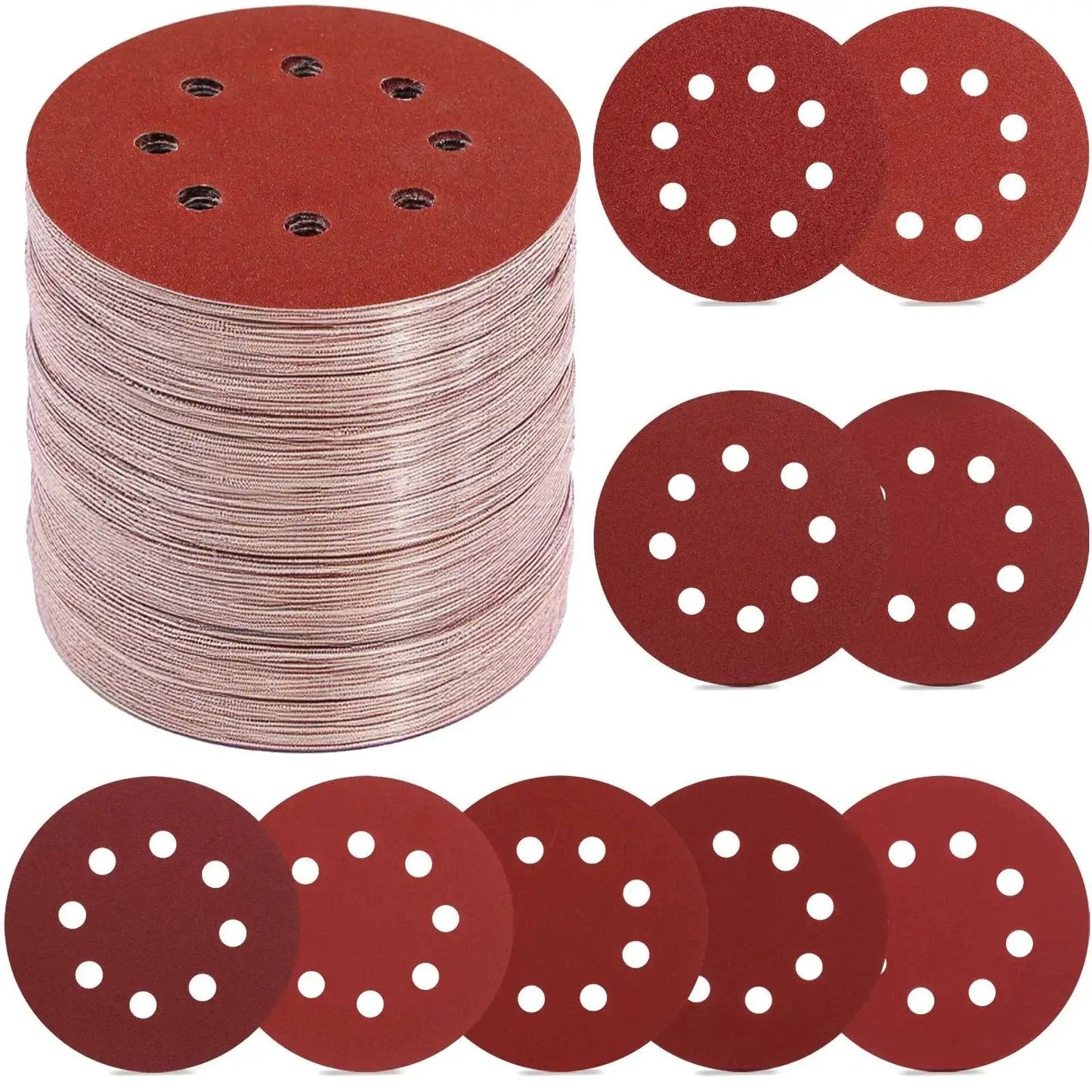 70 Pcs 5 Inch Sanding Discs Set With 9 Grits 40 To 800 Hook And Loop Sander displayed in red with multiple holes