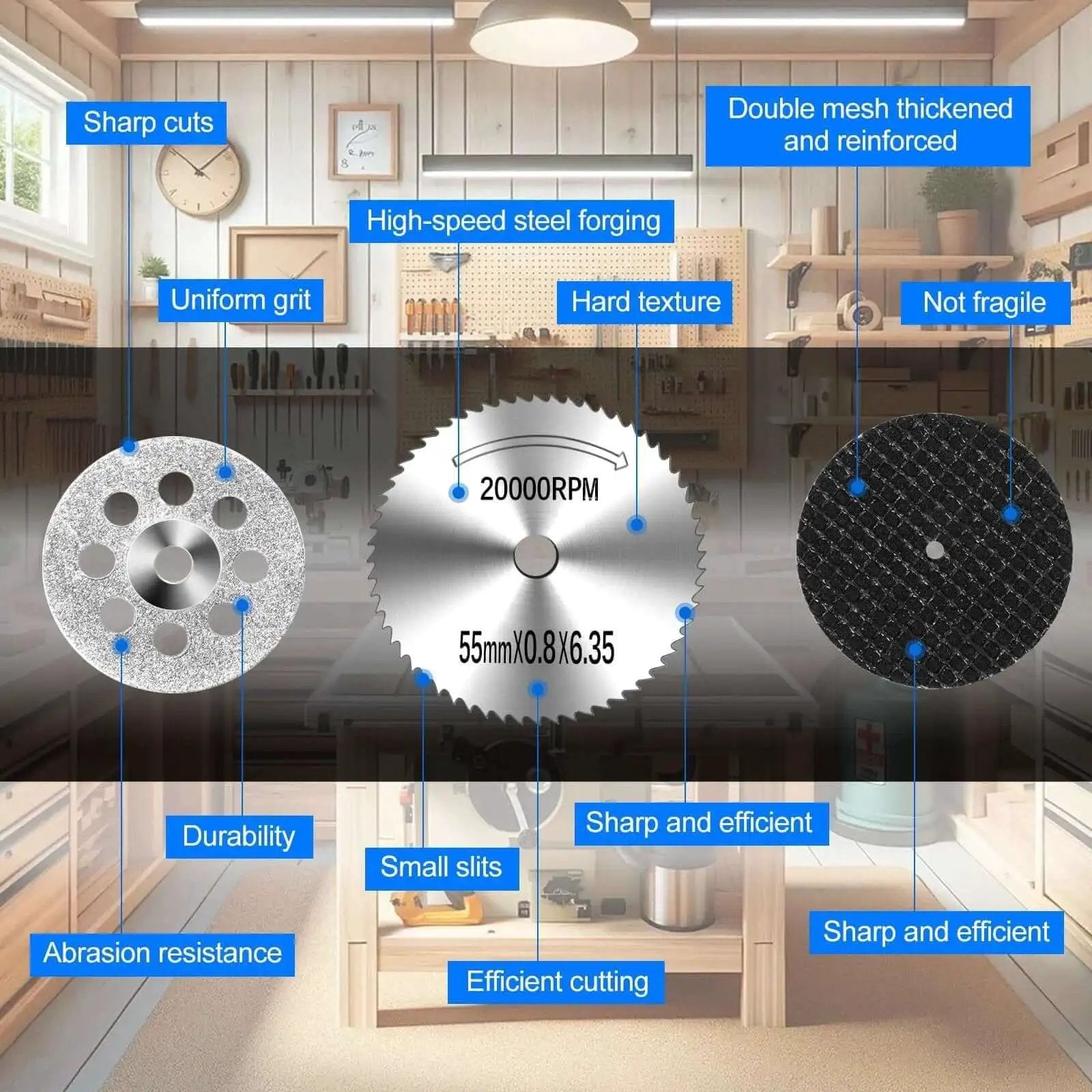 All In One 44 Piece Cutting Wheel Kit For Dremel Rotary Tools From Auxiren showing various discs with features displayed.