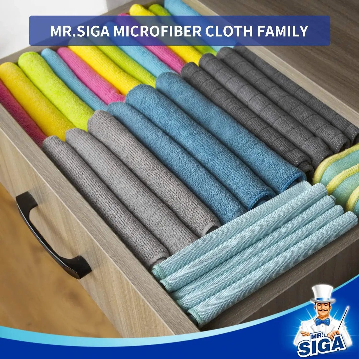 Drawer filled with Ultra Soft Microfiber Cleaning Cloths Pack Of 12 12.6 X 12.6 Absorbent Scratch Free, various colors displayed.