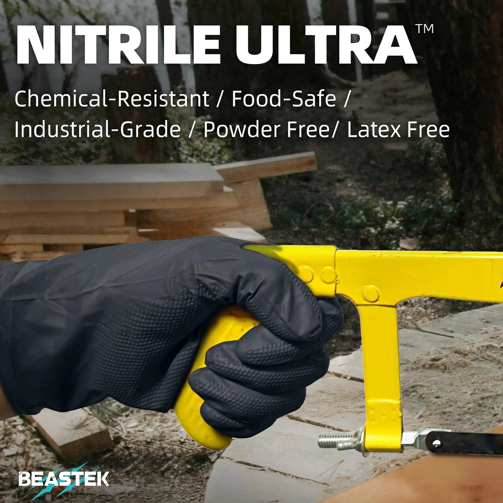 Hand wearing 8 Mil Nitrile Disposable Gloves Diamond Textured Black Food Safe Large 50 Pcs, gripping a yellow tool outdoors.