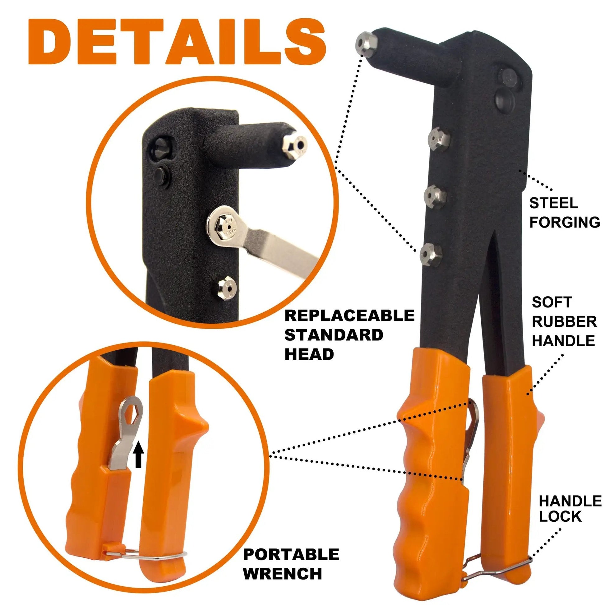 Close-up of heavy-duty hand riveter included in 225 Piece Aluminum Blind Rivets Assortment Kit With Heavy Duty Hand Riveter Gun Tool 6 Sizes Pop Rivets
