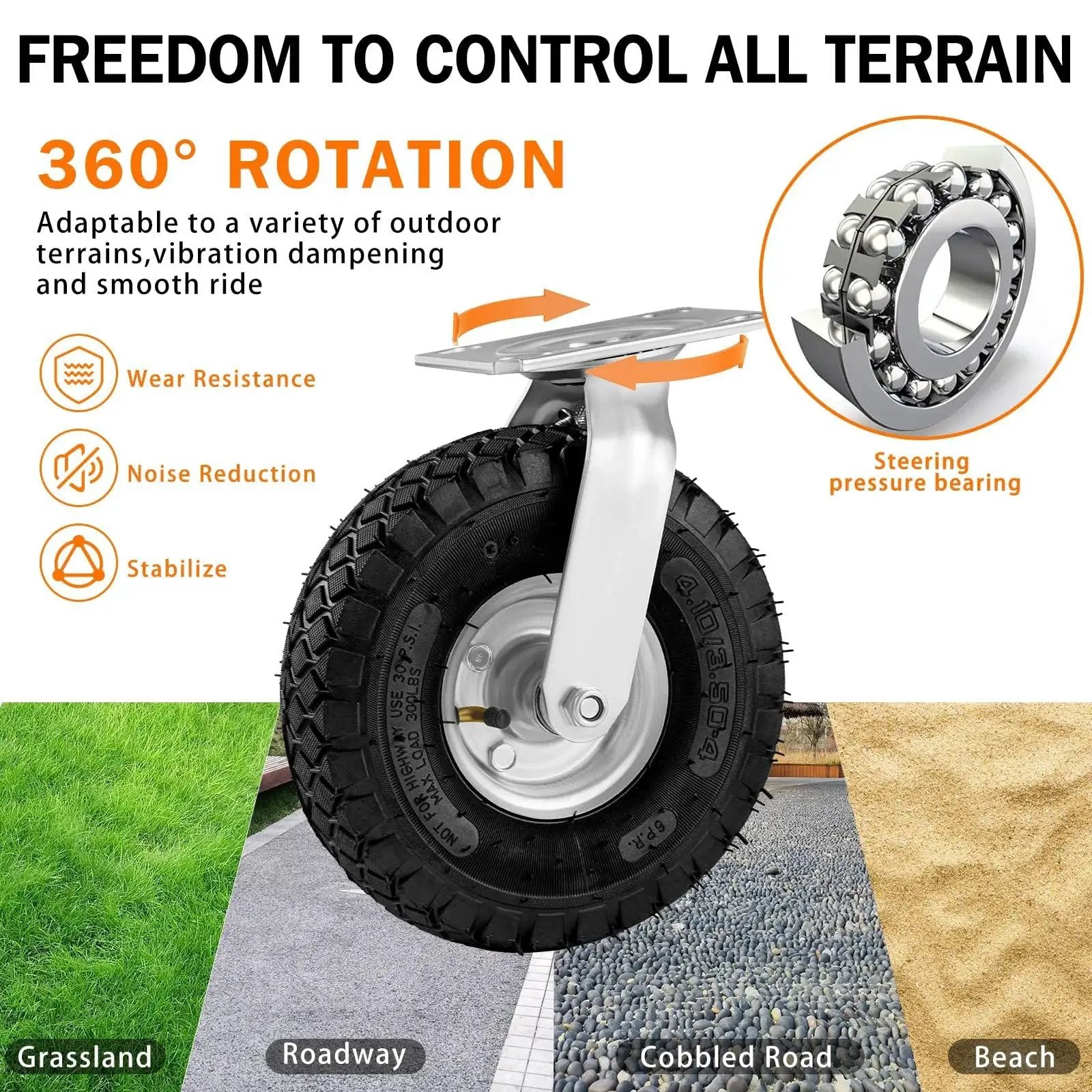 8 Inch Pneumatic Casters 4 Pack with 2 Swivel and 2 Rigid Heavy Duty Wheels 1200 Lbs Capacity on multiple terrains illustration