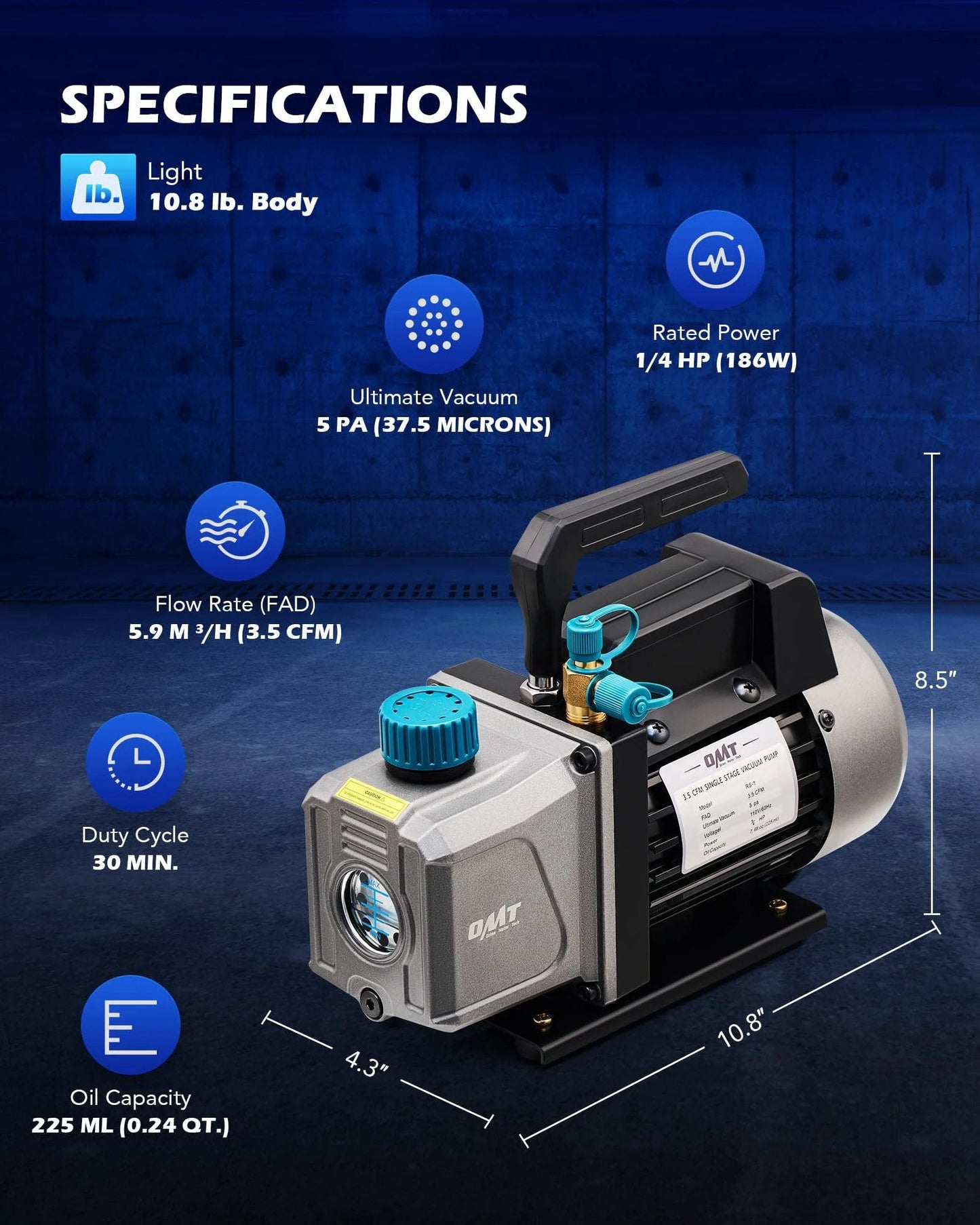 Product specifications for All In One 3 Gallon Vacuum Chamber Kit With One Quarter Horsepower Pump, showing 1/4 HP motor.