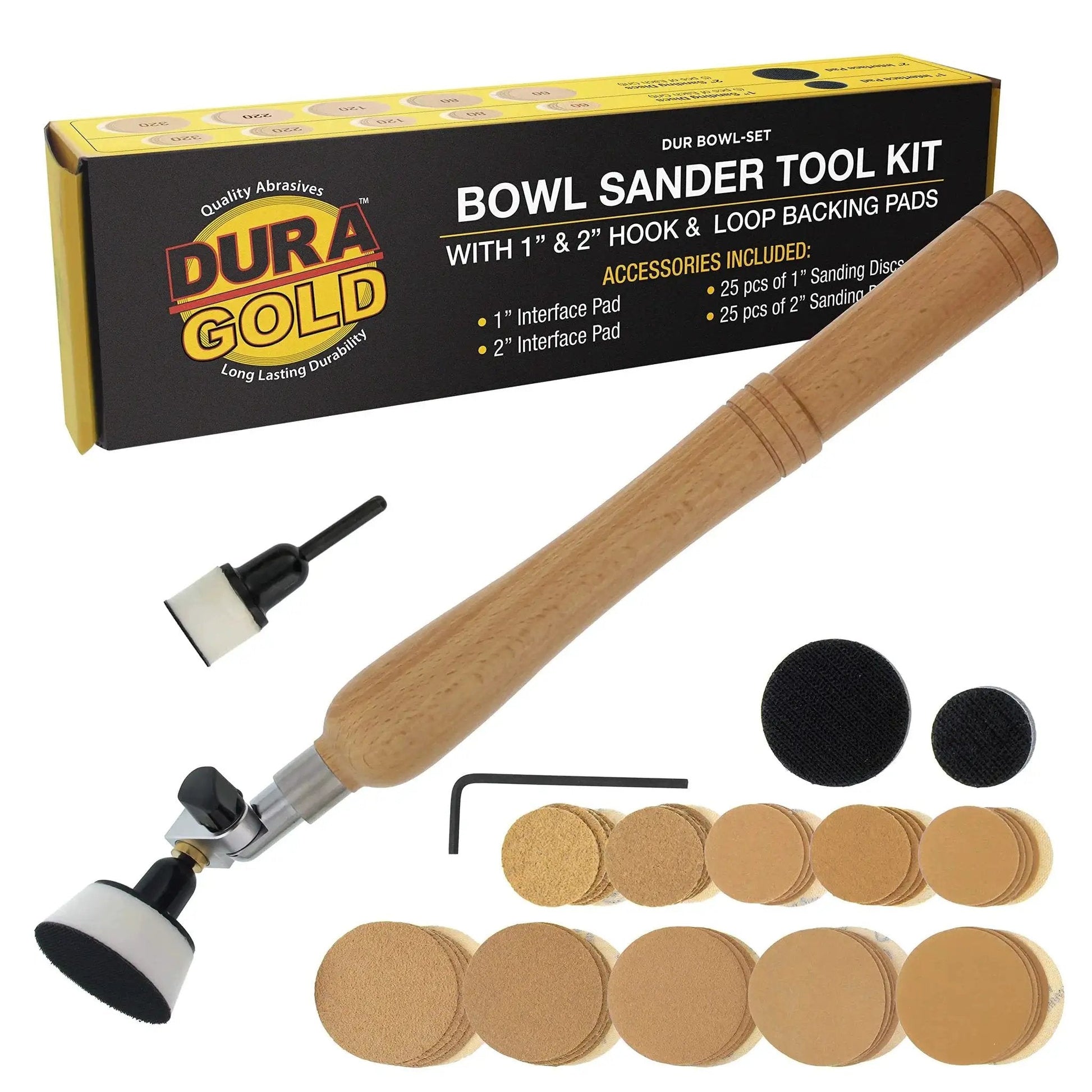 Woodturning Bowl Sander Kit With One And Two Inch Hook And Loop Backing Pads, Fifty Sanding Discs From Sixty To Three Hundred Twenty Grit, Dual Bearing, Hardwood Handle, One Quarter Inch Mandrel, Sandpaper Woodworking Tool Set By Dura Gold.