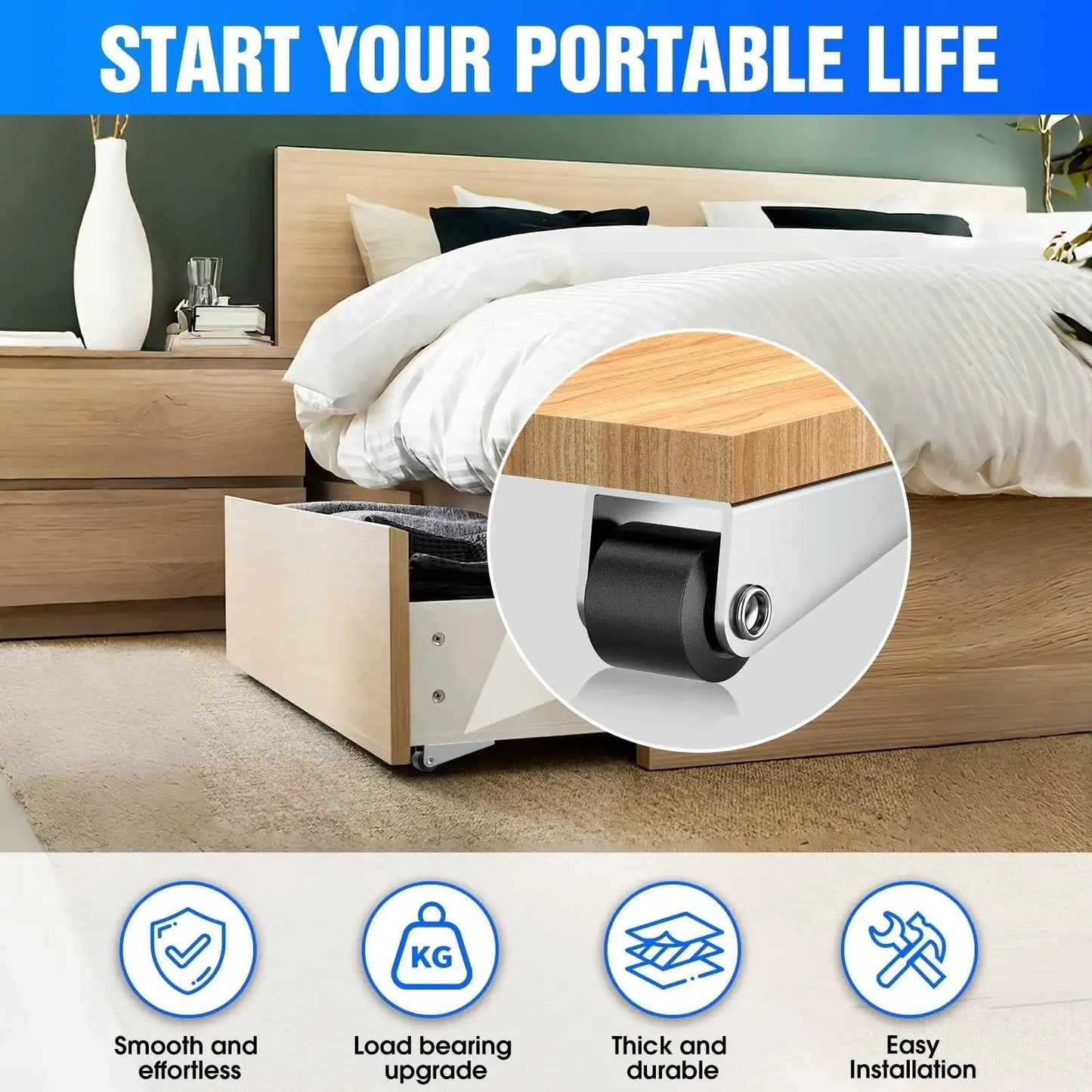 Image showing a bed with storage featuring the 4 Pack Rubber Swivel Gate Caster Wheels Replacement Kit with Non Slip Rolling Casters.