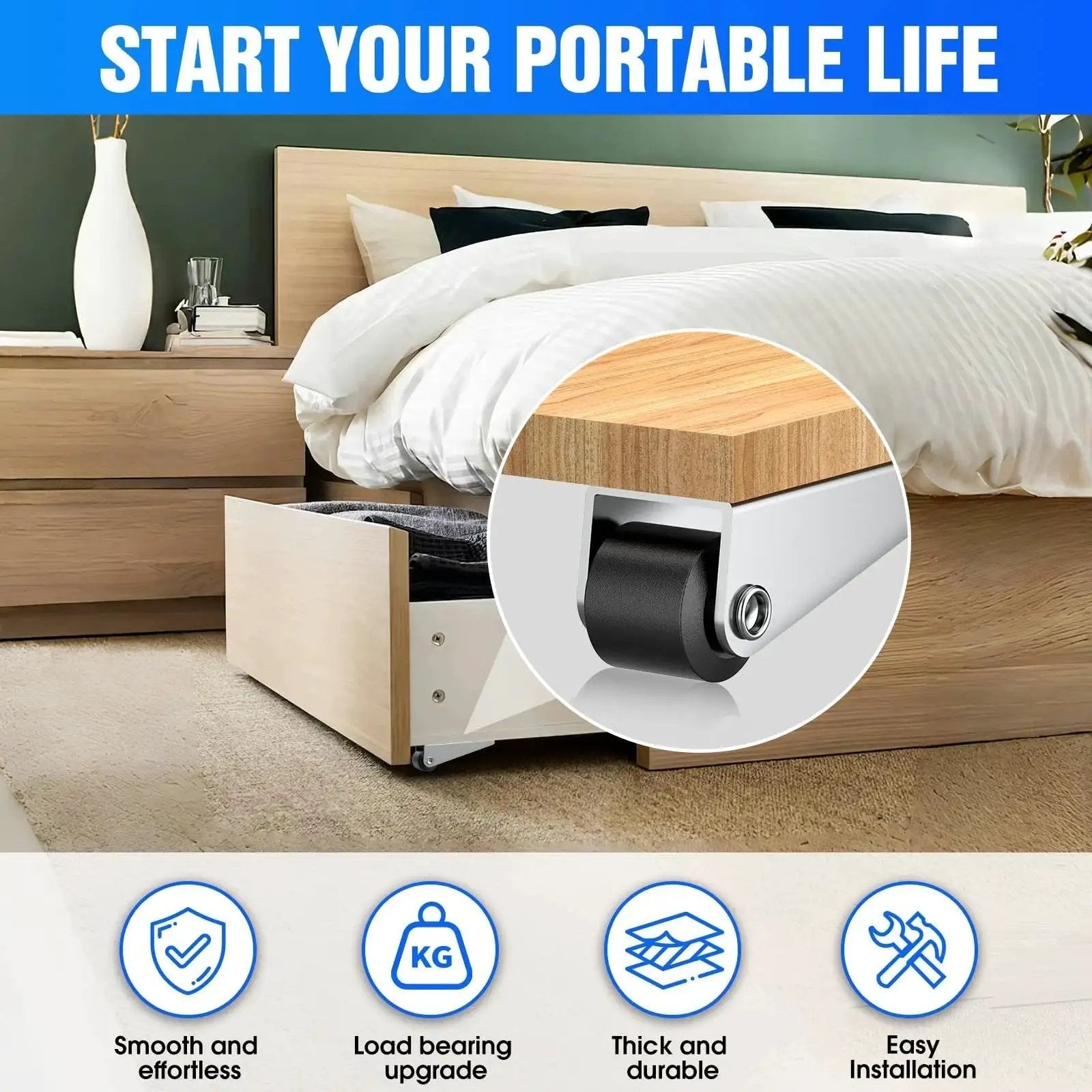 Image showing a bed with storage featuring the 4 Pack Rubber Swivel Gate Caster Wheels Replacement Kit with Non Slip Rolling Casters.