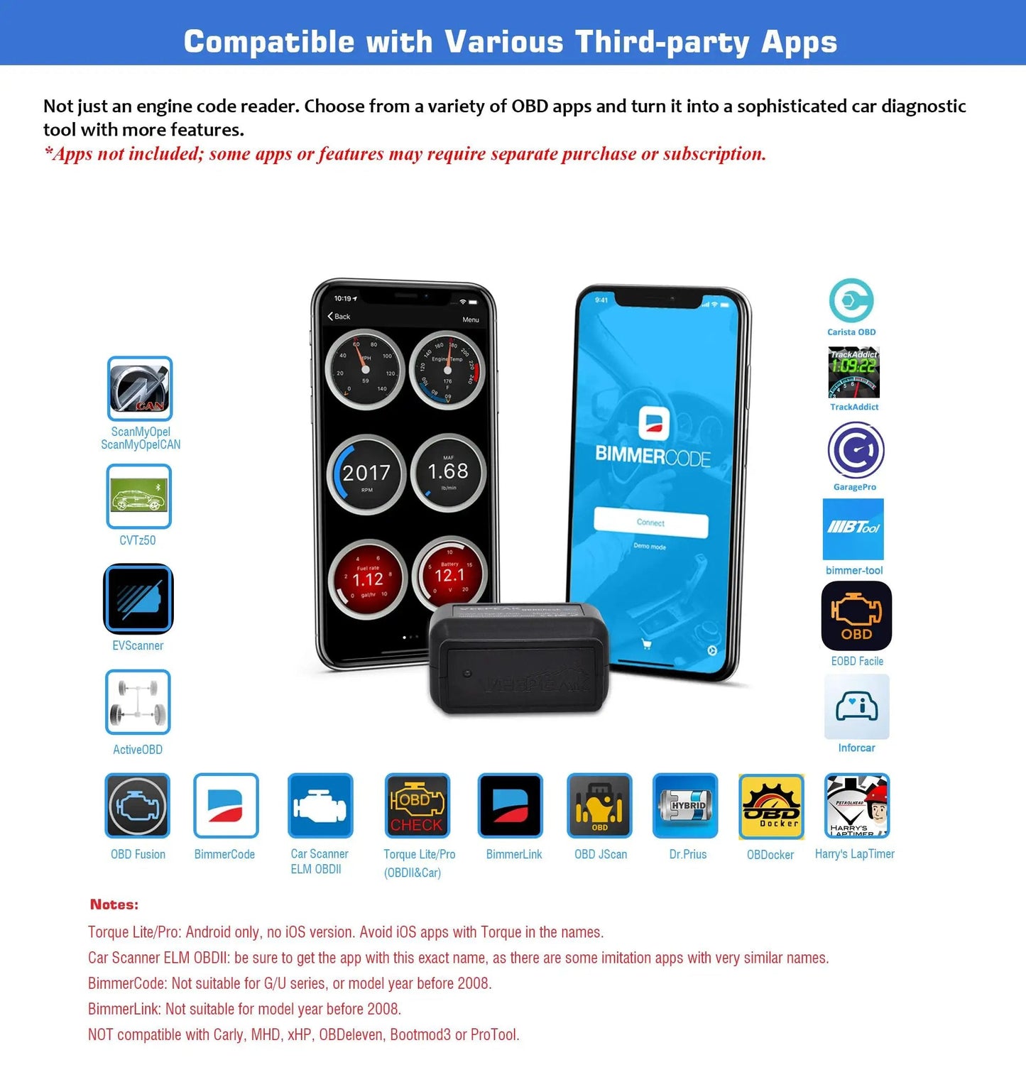 OBD II Bluetooth Scanner for iOS and Android With Wireless Check Engine Light Code Reader and DIY Car Diagnostic Tool for Gearheads by Veepeak shown with smartphone app displays.