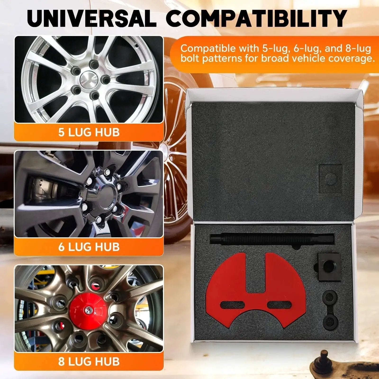 Wheel Hub Removal Tool Set for 5 Lug, 6 Lug, and 8 Lug Hubs with universal compatibility and storage case