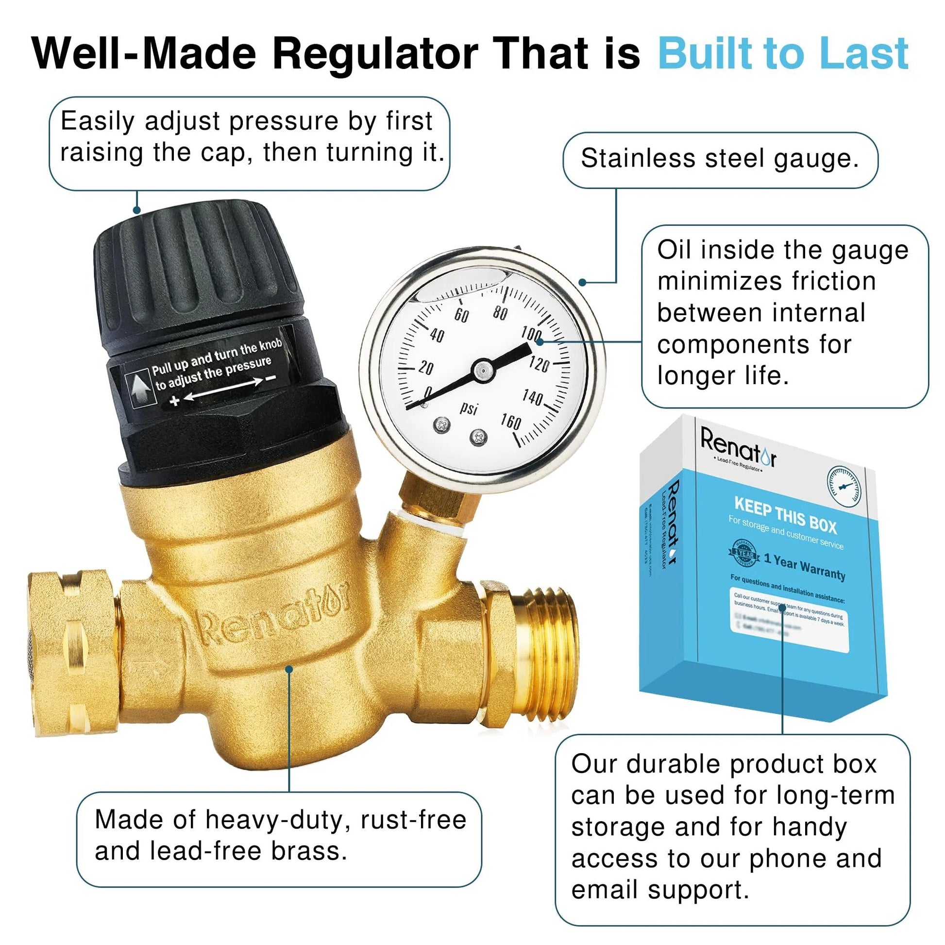 Brass Lead Free RV Water Pressure Regulator With Gauge For Camper And Travel Trailer Adjustable Water Pressure Reducer Valve With Filter Plug And Play For Quick Install Durable Liquid Filled Gauge For Strong Showers And Consistent Water Flow Renator