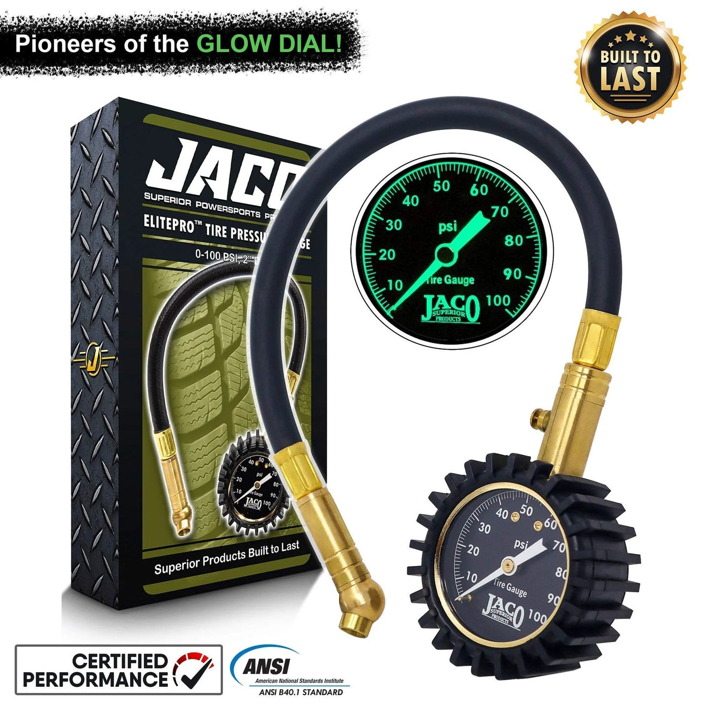 ElitePro Tire Pressure Gauge 100 PSI Mechanic Recommended Battery Free Precision With ANSI Certified Accuracy Plus Or Minus 1.5 Percent Brass Construction Rugged Handheld Tool For Cars Trucks And SUVs, shown with packaging and glowing dial