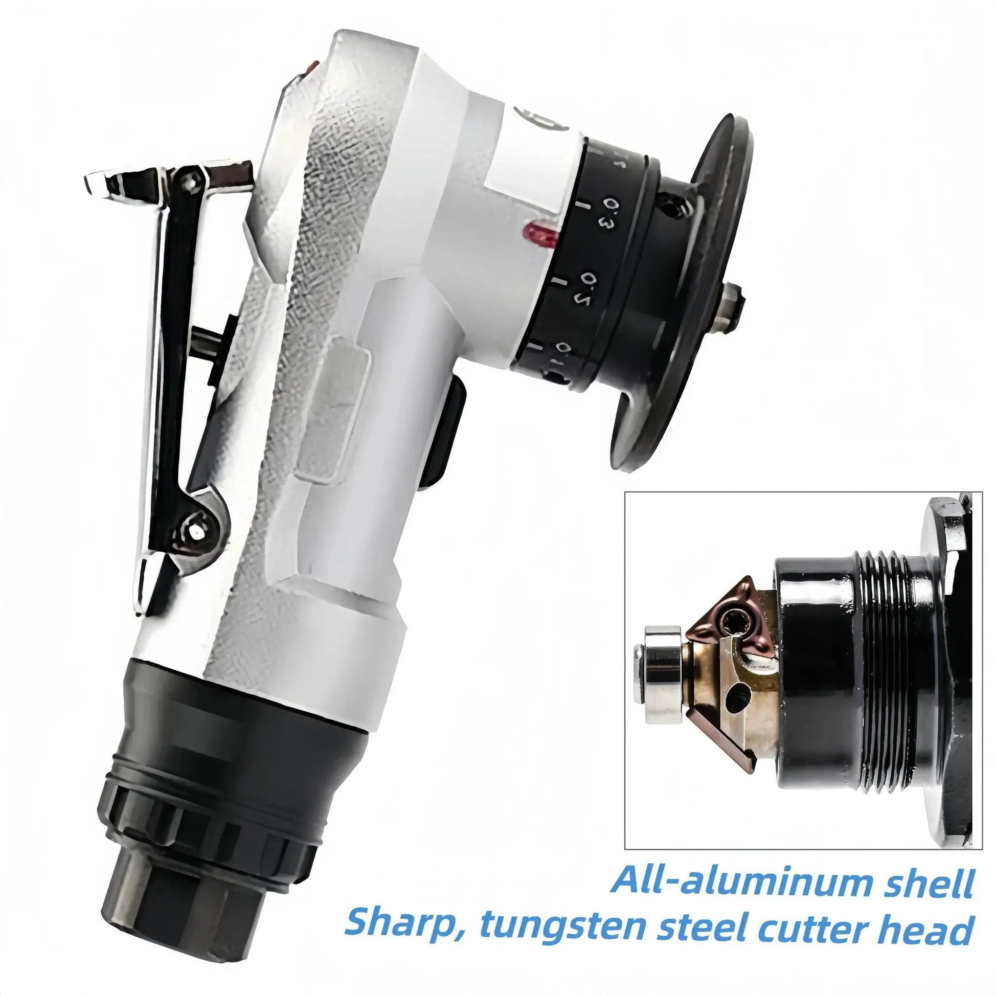 Side view of 45 Degree Pneumatic Chamfering Tool For Metalworking, Mini Air Tool With 1/4 Inch Inlet, Adjustable Speed, aluminum shell.