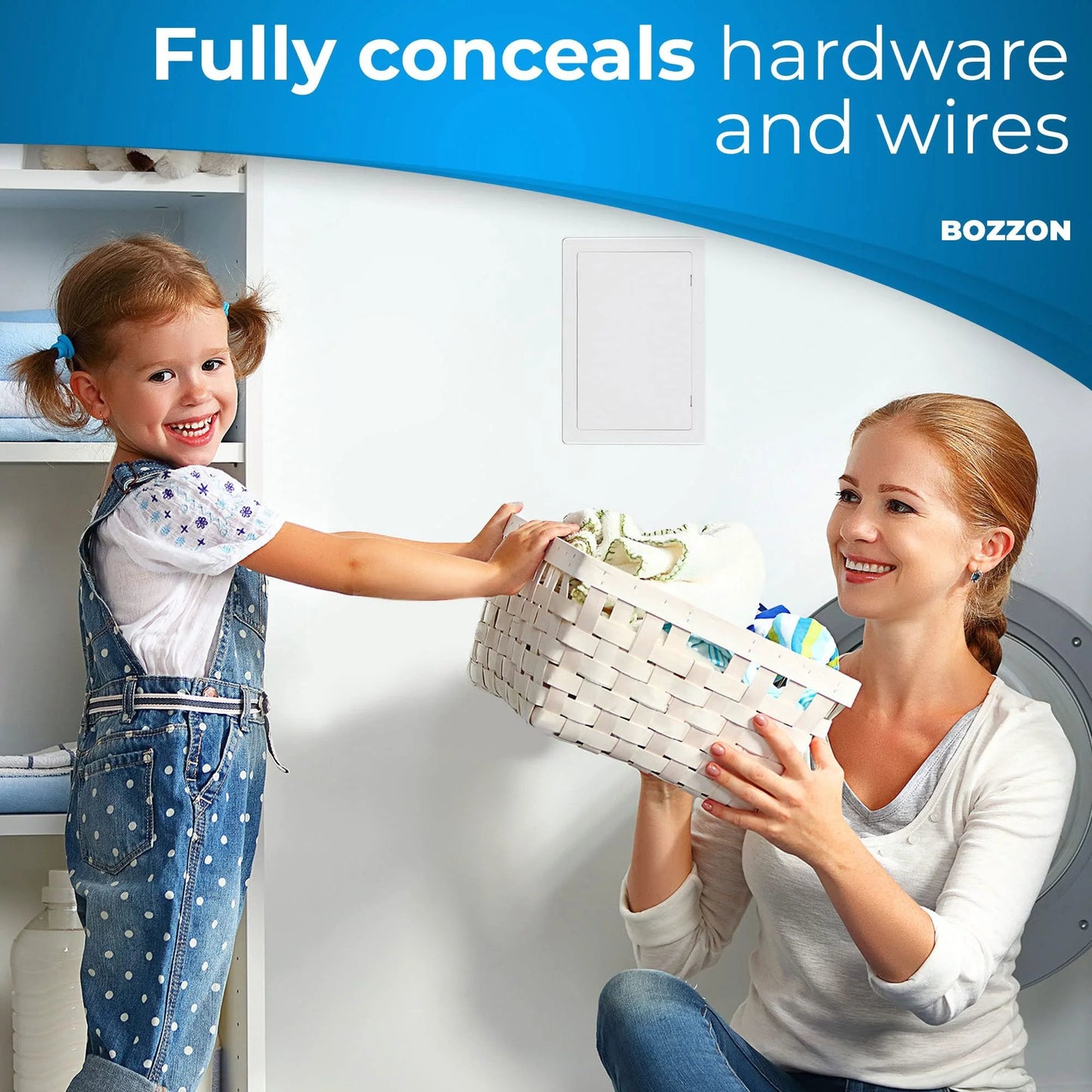 Woman and child in laundry room with Insulated 6 By 9 Inch Drywall Access Panel Wall Hole Cover Door For Plumbing Electrical Cables And Network Lines