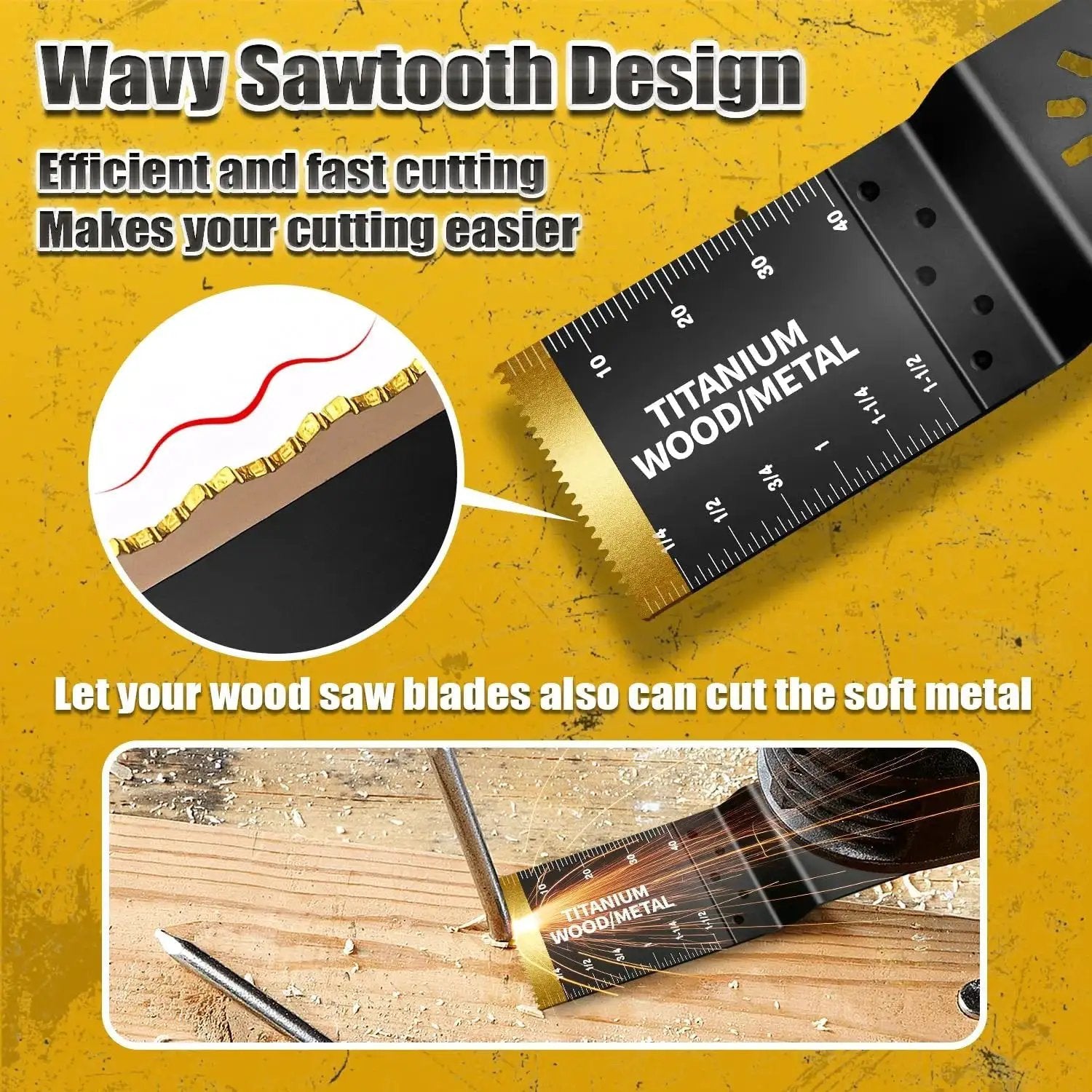 Close-up of Ultimate 20 Piece Oscillating Tool Blades Kit showing titanium blade for wood and metal cutting on wood surface.