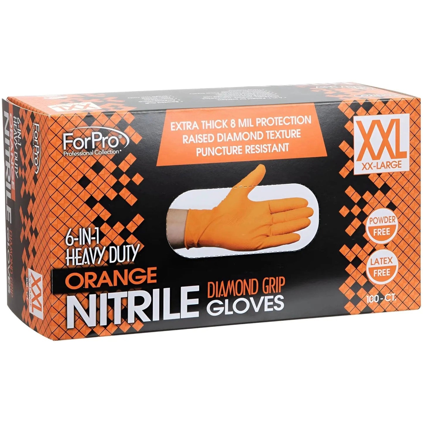 Box of Heavy Duty Nitrile Gloves 8 Mil Diamond Grip Latex Free Orange XXL 100 Count showing front packaging