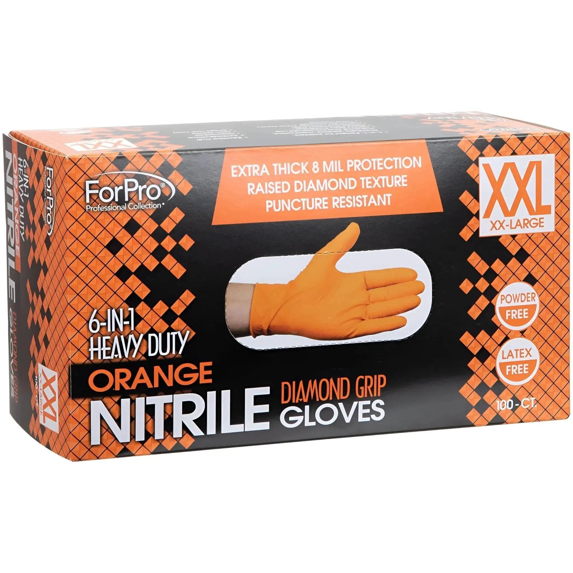 Box of Heavy Duty Nitrile Gloves 8 Mil Diamond Grip Latex Free Orange XXL 100 Count showing front packaging