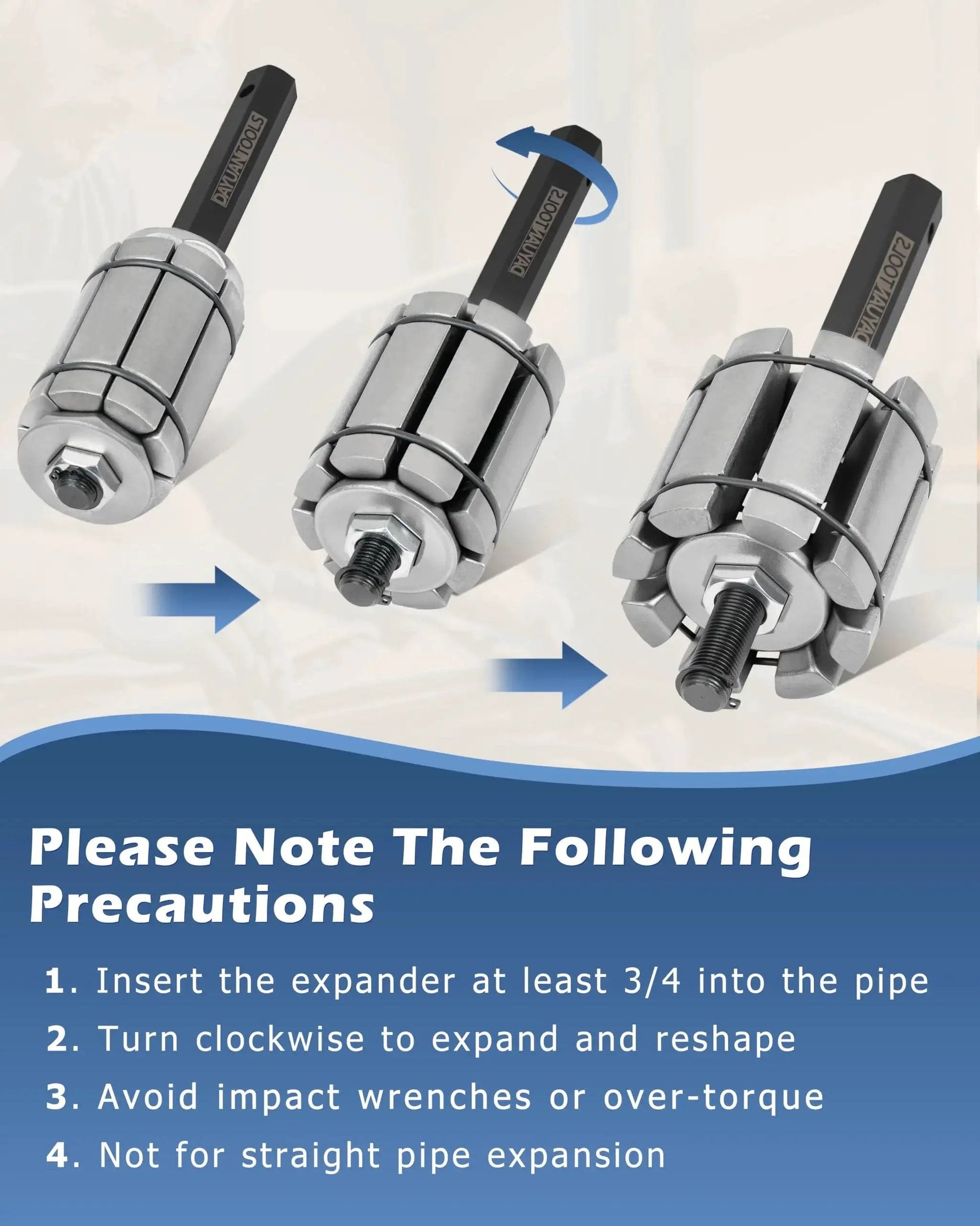 Exhaust Pipe Expander Tool Set 3 Pcs 1-1/8 To 3-1/2 Universal Tail Pipe Spreader with usage instructions