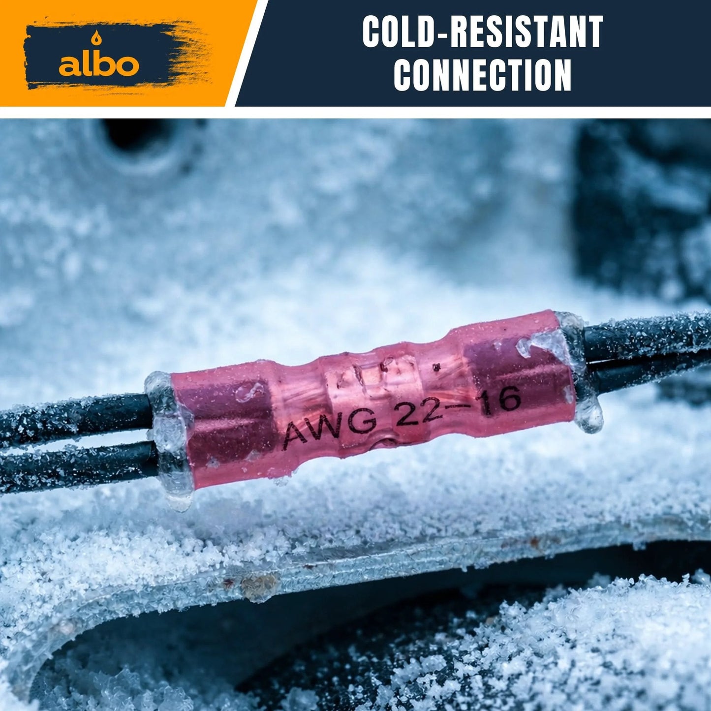 Heat Shrink Butt Connectors 22 to 16 AWG Red Insulated 500 Pcs Quick Install Garage Ready Wire Splice Kit exposed in snow.