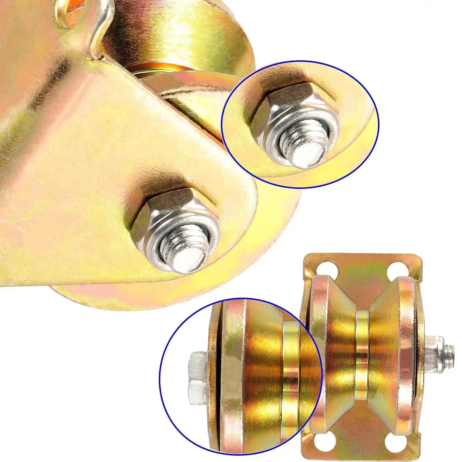 Close-up of 8 Pack 2 Inch V Groove Wheel Set For Sliding Gates And Industrial Track Rails showing bracket and V shaped steel roller
