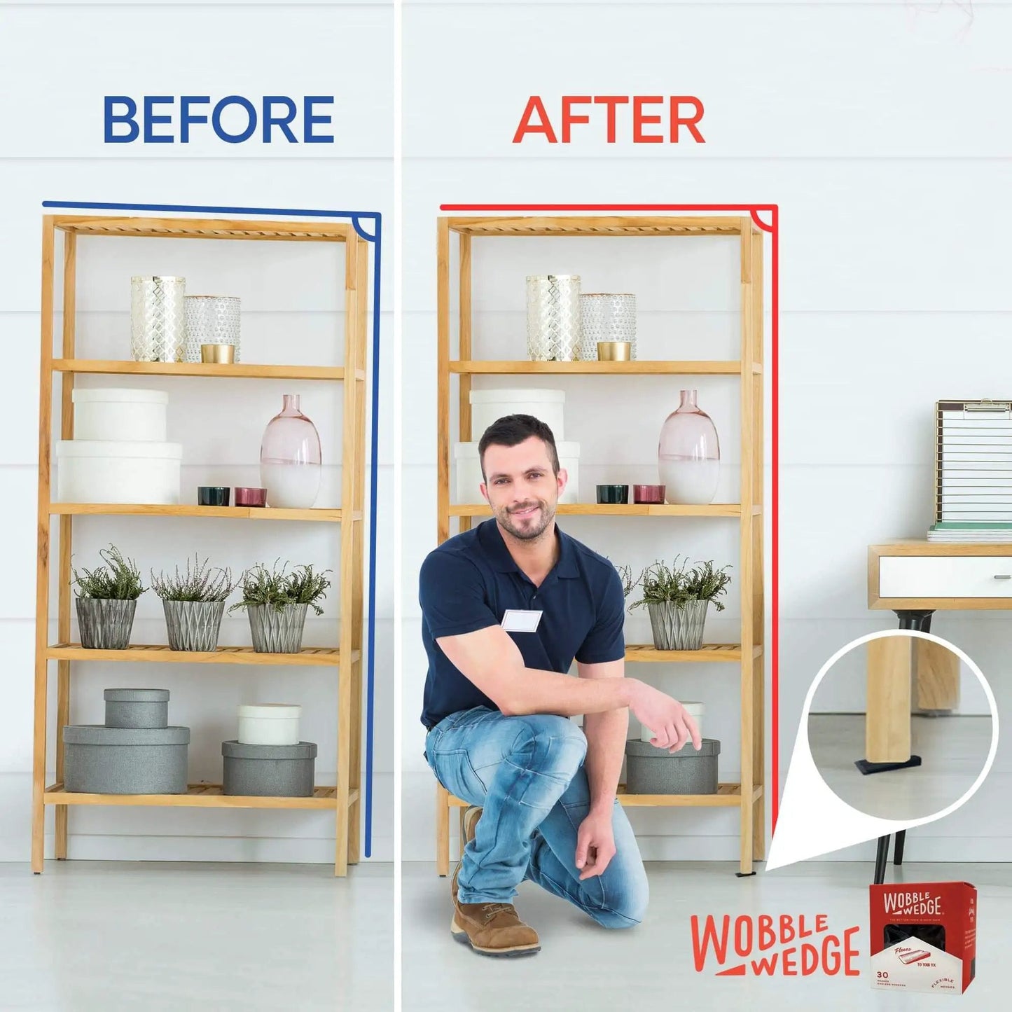 Before and after of shelf stabilized with Wobble Wedges Flexible Plastic Shims 30 Pack for Home Improvement and DIY Projects Black Leveling Spacers for Tables Furniture Toilets Beds and More Made in USA.