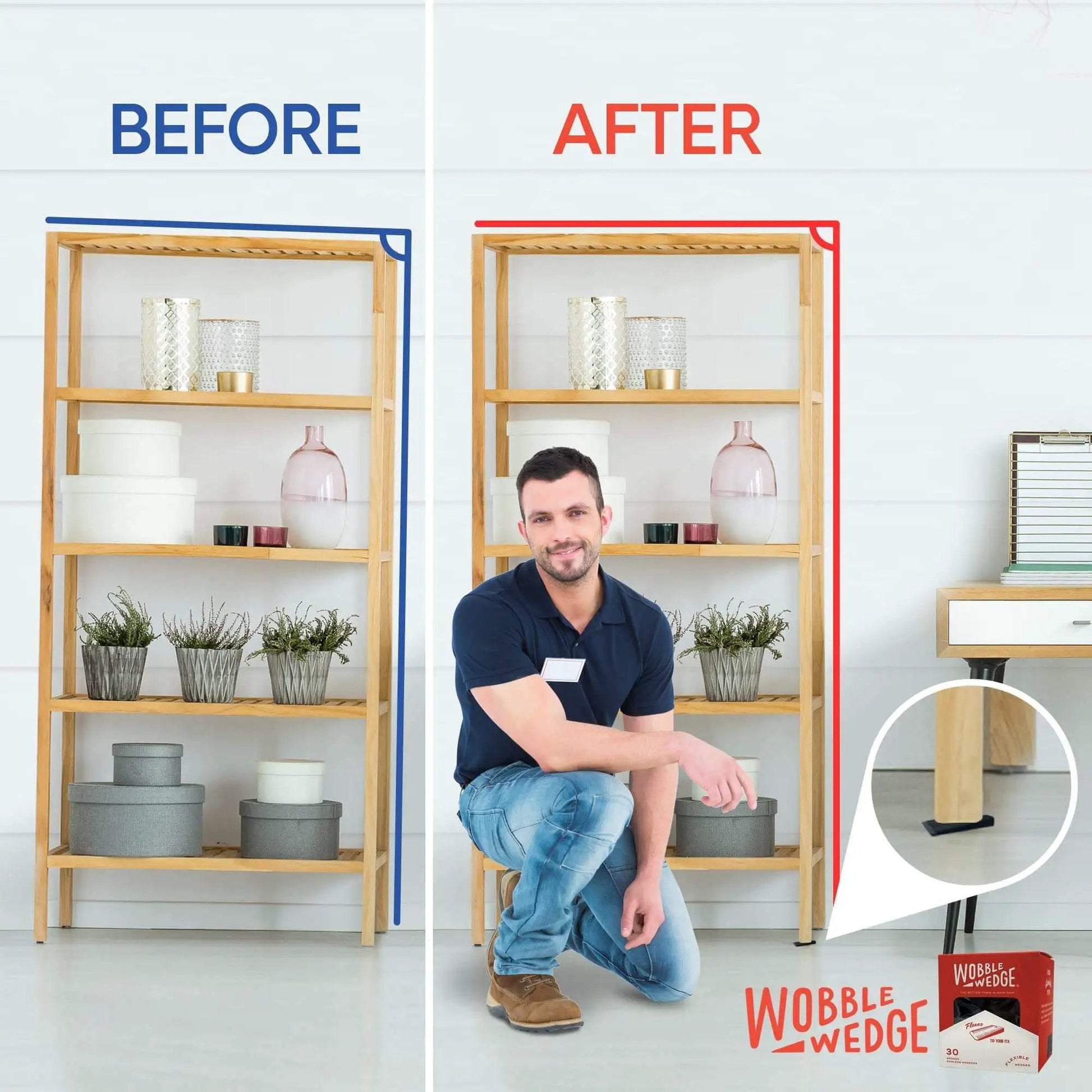 Before and after of shelf stabilized with Wobble Wedges Flexible Plastic Shims 30 Pack for Home Improvement and DIY Projects Black Leveling Spacers for Tables Furniture Toilets Beds and More Made in USA.