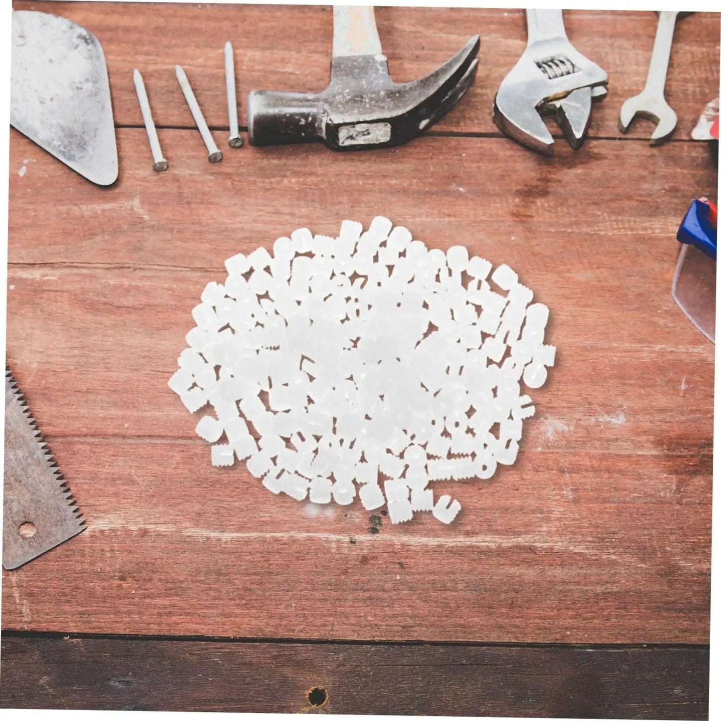 200 Piece Heavy Duty Hinge Dowels Set For Stable Cabinet Doors And Bathroom Furniture with tools on wooden surface