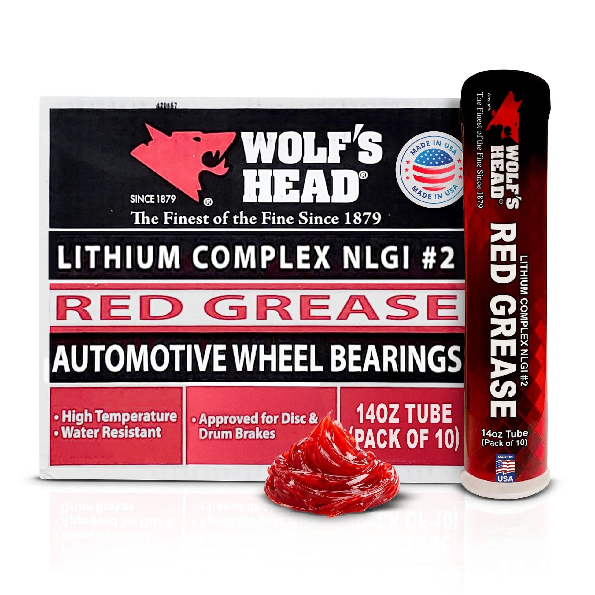 Wolf's Head Premium Red Grease NLGI 2, 14 oz tube, pack of 10, for wheel bearings and chassis with high temp protection