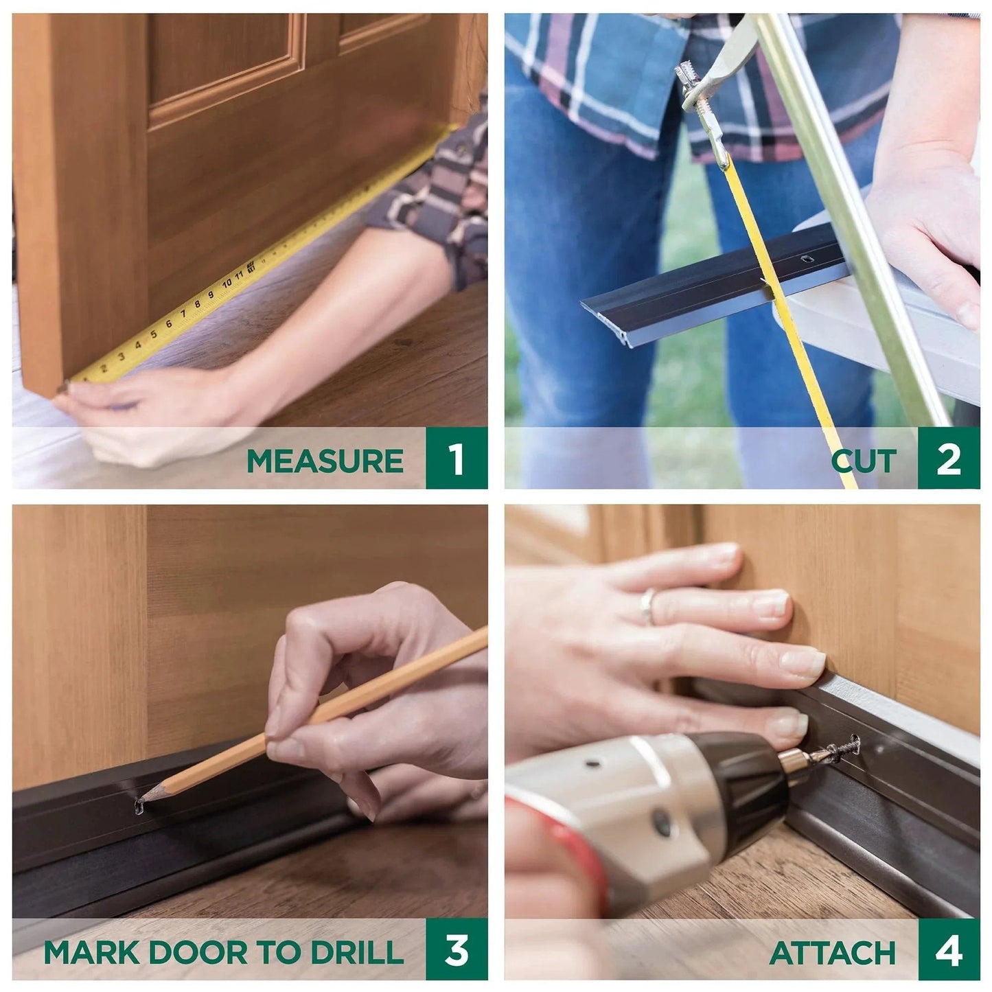 Step-by-step installation of All-Season Door Sweep For Tight Draft Prevention And Energy Savings, Heavy-Duty Aluminum And Vinyl Construction, Easy Install, 36-Inch Length, Silver Finish For Residential And Commercial Doors By M-D Building Products, measuring, cutting, marking, drilling, attaching