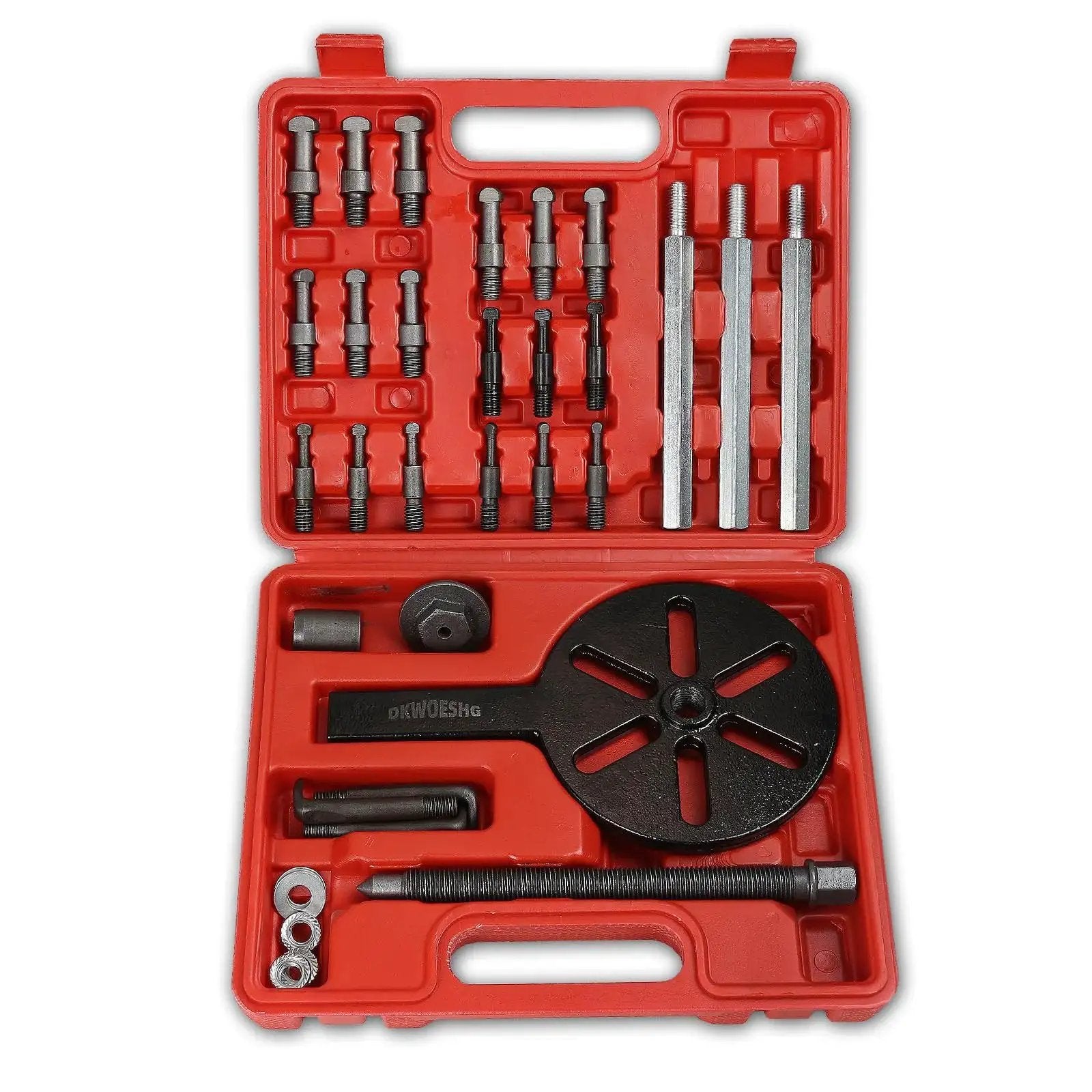 Bearing Puller Kit With Inner Hole Three-Jaw Puller Curved Hook And Quick Change Collets displayed in red case with tools