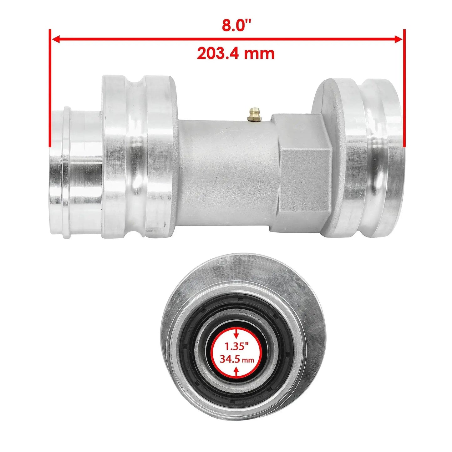 Rear Axle Shaft Bearing Housing Carrier Hub for Polaris ATV Replacement showing 203.4 mm length and 34.5 mm bearing size