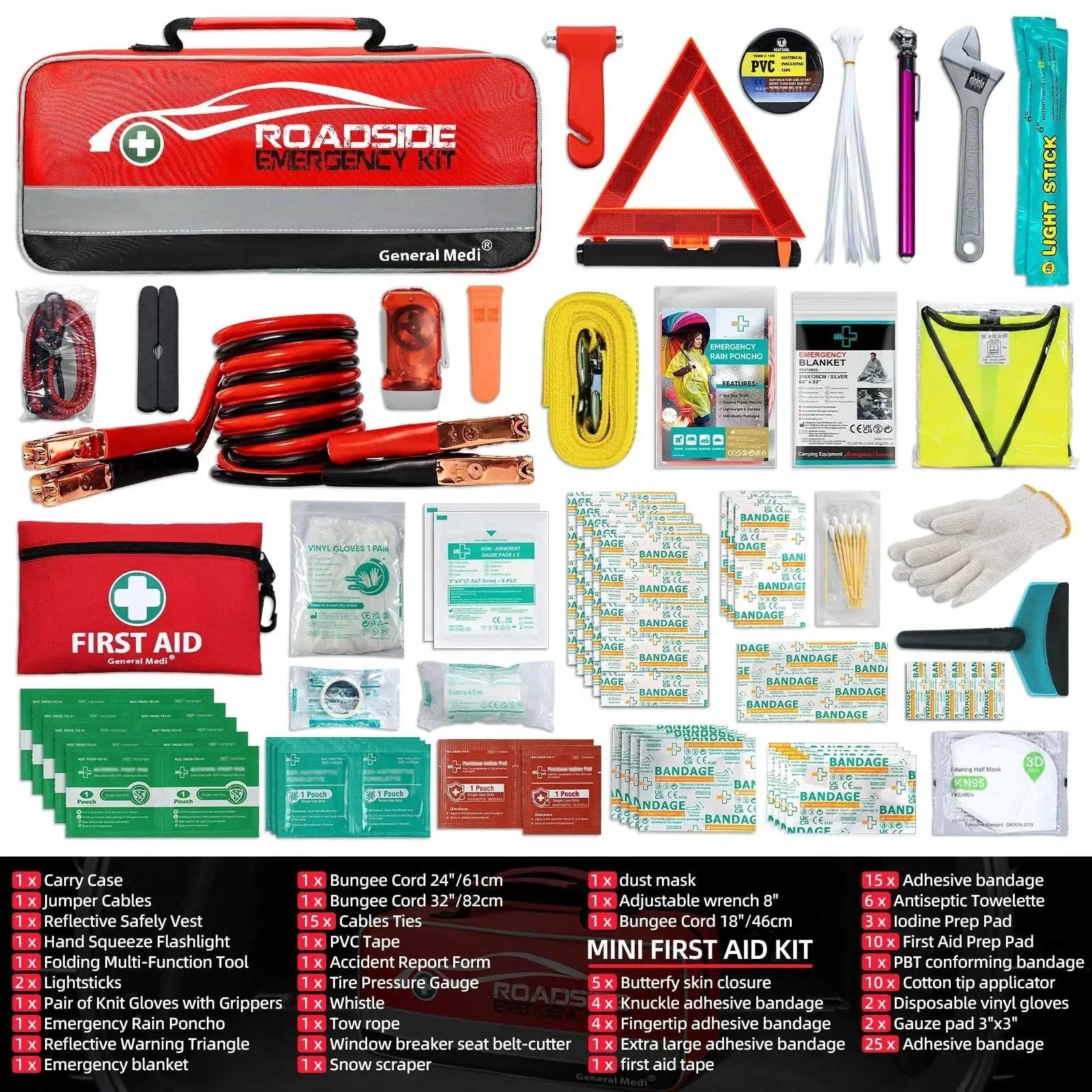 Essential 127-Piece Car Emergency Kit With Mini First Aid Kit Includes Jumper Cables Tow Rope Safety Vest and Triangle