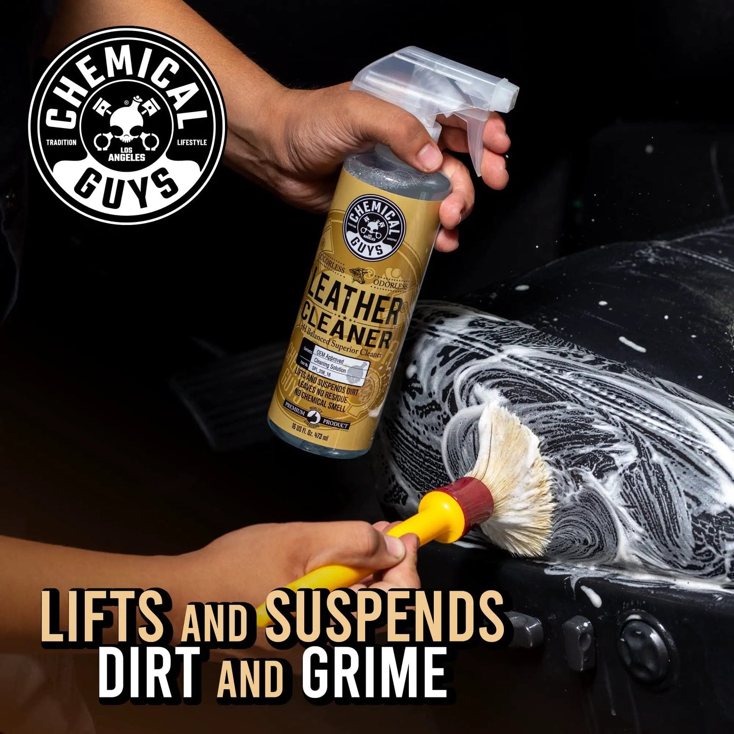 Leather Cleaner For Cars And Home Interiors Colorless Odorless No Fuss Formula Safe On Natural And Synthetic Leather Pleather And Faux Leather Removes Dirt Grease Oils Sweat 473 Ml in a spray bottle being used on a car interior.