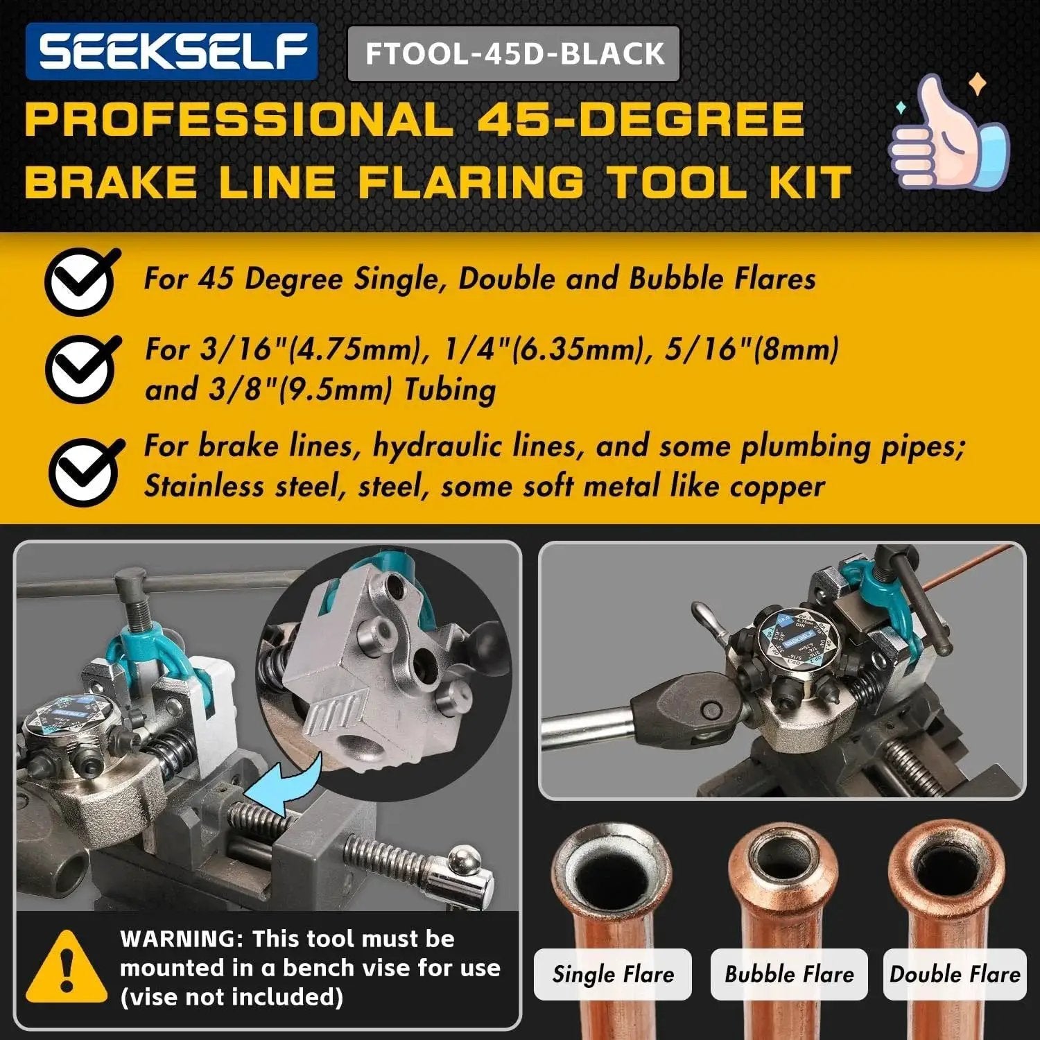 Brake Line Flaring Tool Kit For 45 Degree Flares 3/16 1/4 5/16 3/8 Tubing with multiple die blocks and flares.