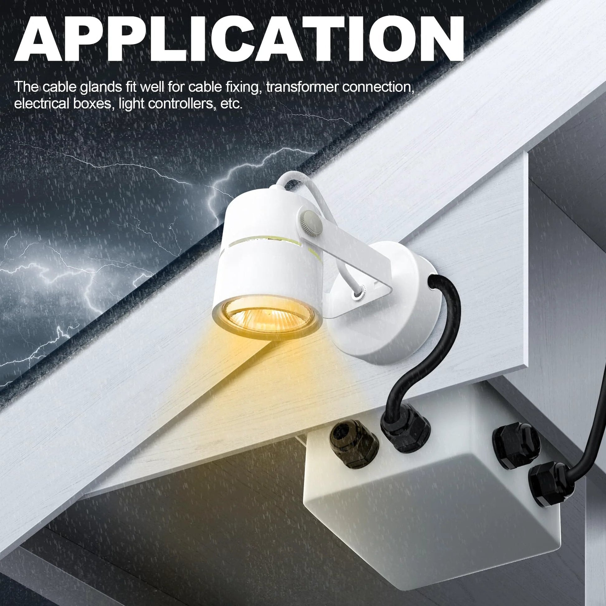 72 Piece Cable Glands Kit Waterproof Strain Relief Cord Grip Weatherproof Pass Through installed on outdoor light fixture
