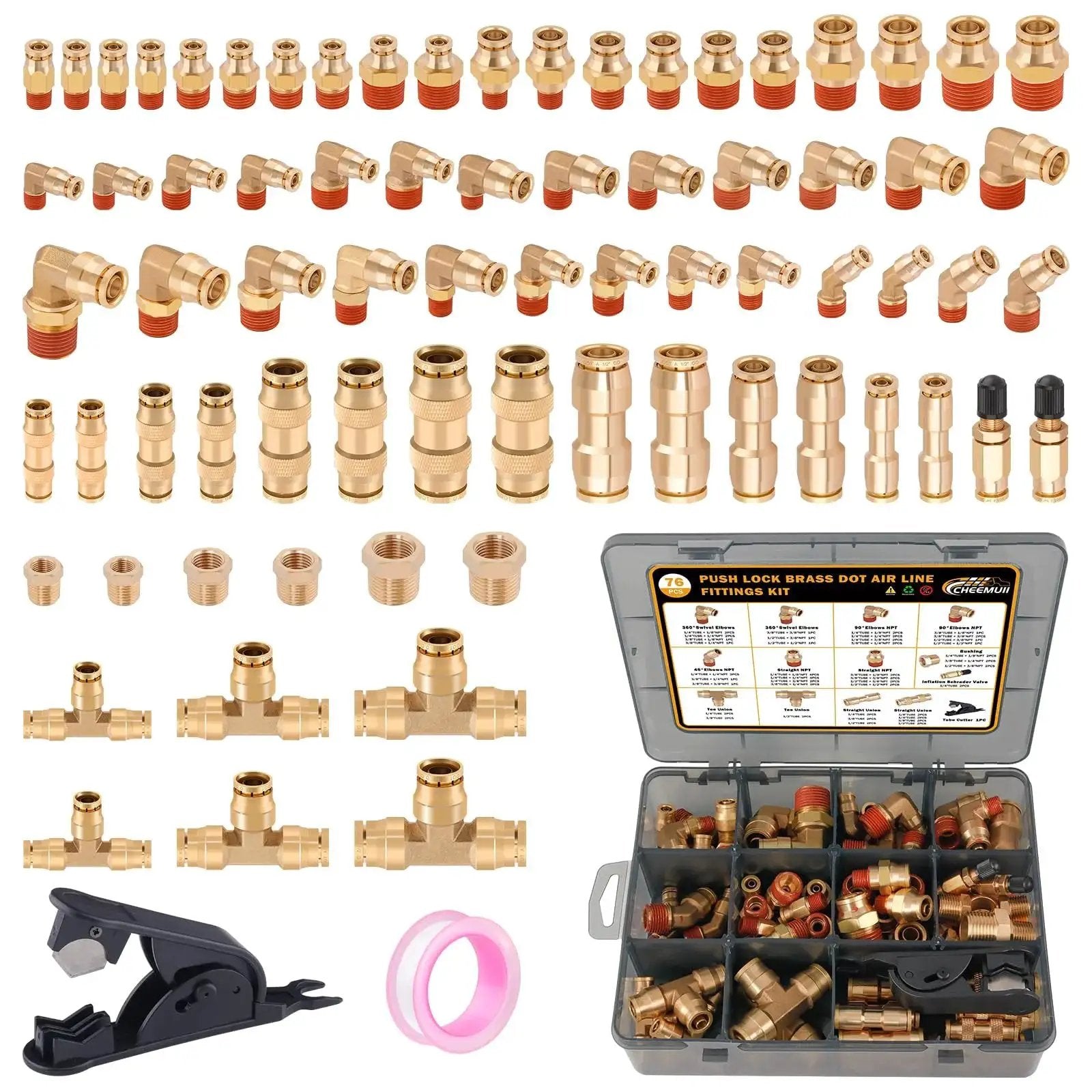 76 Piece Brass DOT Air Line Fittings Kit With Push To Connect And NPT Threads, includes various fittings and tool in organizer case.
