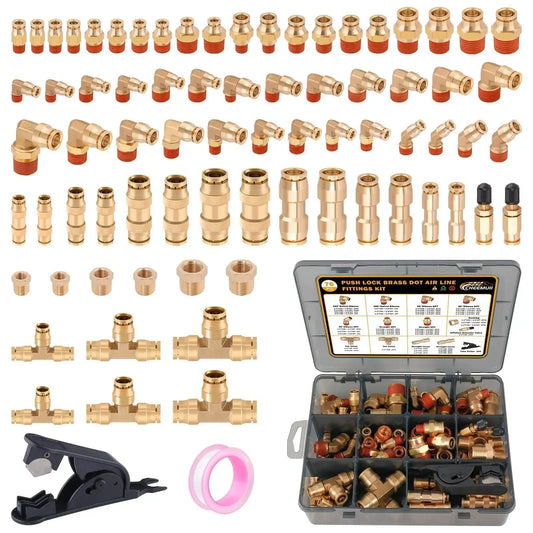 76 Piece Brass DOT Air Line Fittings Kit With Push To Connect And NPT Threads, includes various fittings and tool in organizer case.