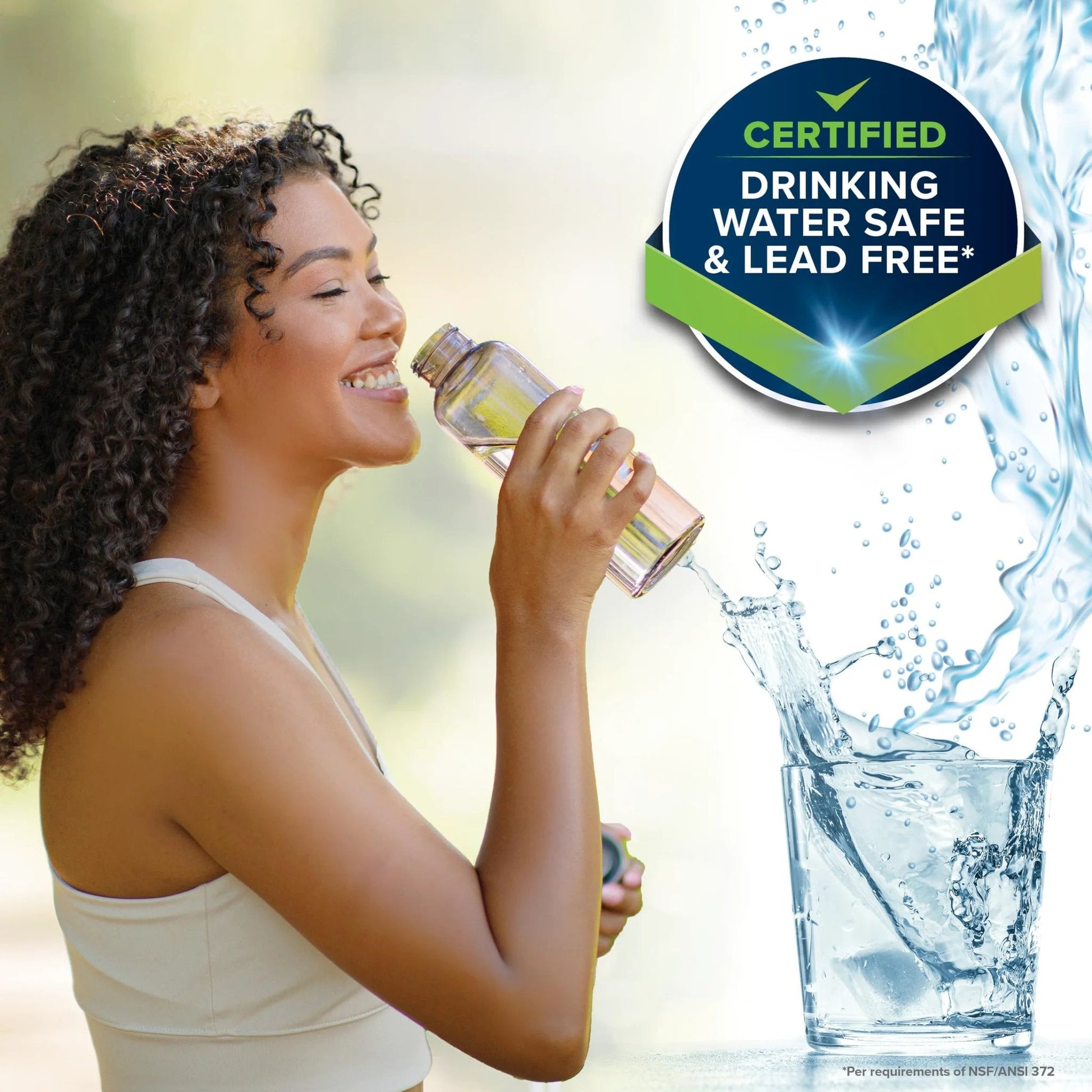 Person drinking bottled water next to a certified lead-free and drinking water safe badge with water splash illustration.