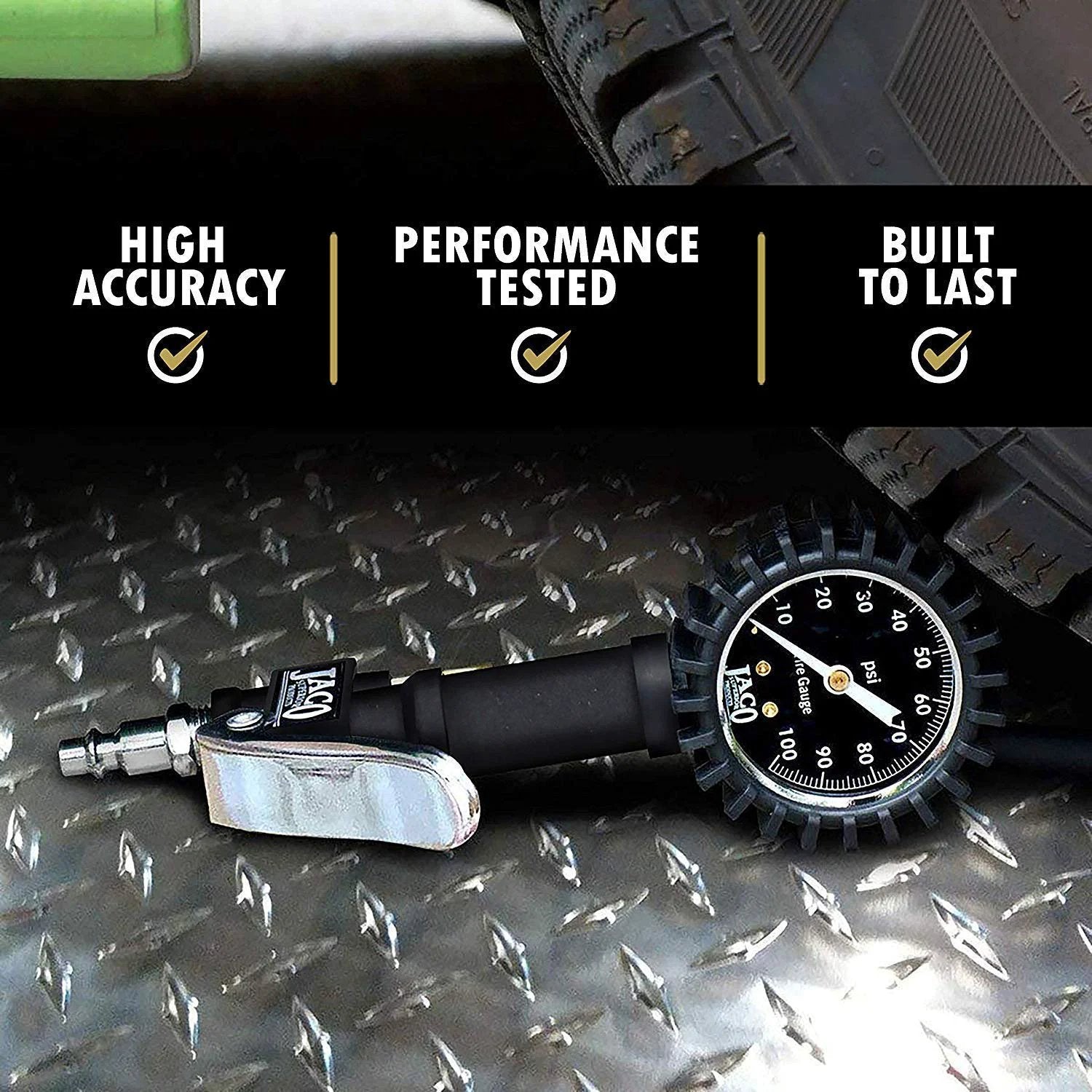 FlowPro Tire Inflator With Pressure Gauge Up To 100 PSI Mechanical Tire Pump next to tire on metal surface