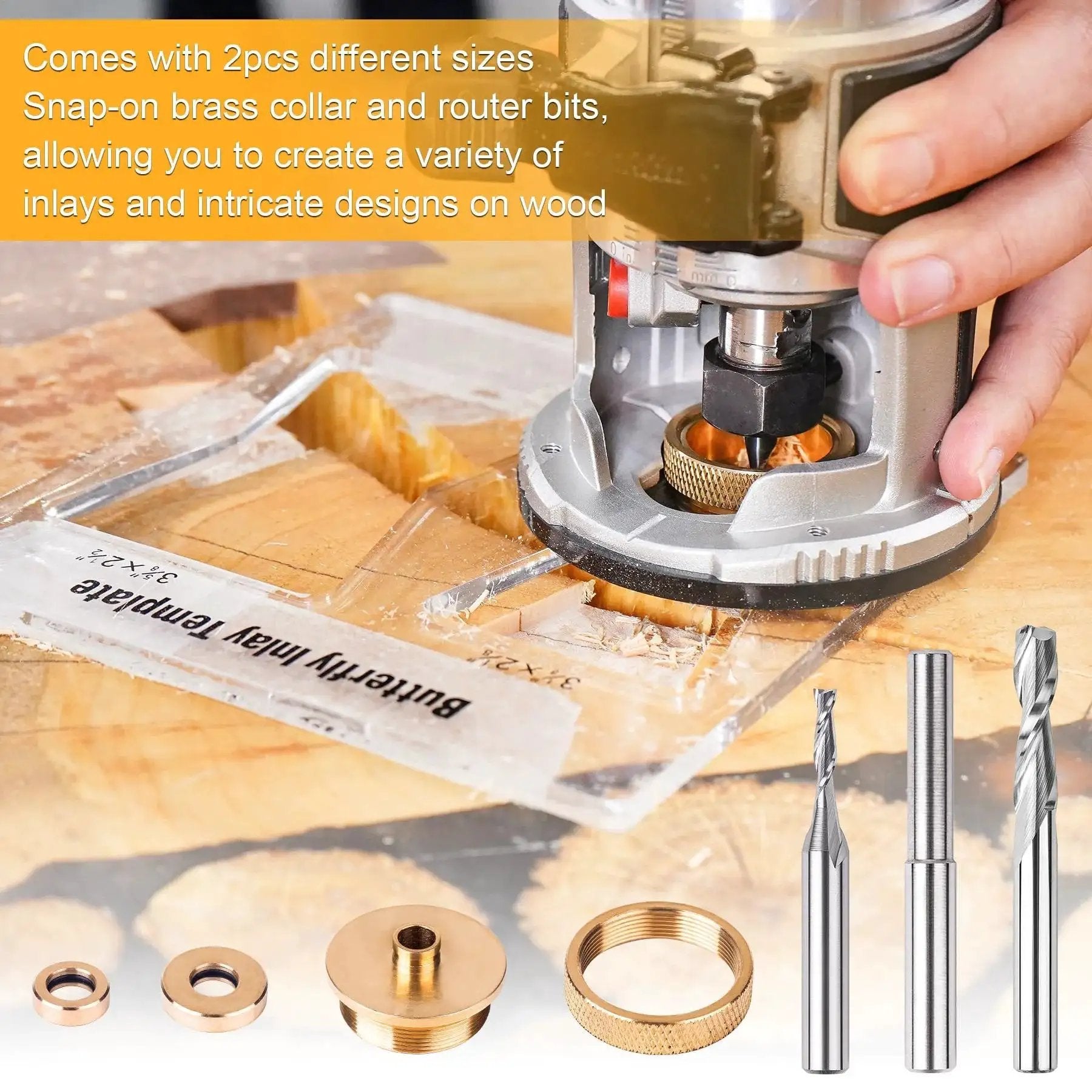 Router Inlay Kit With Solid Brass Bushings And Carbide Spiral Upcut Bits for woodworking, showing brass collars, bits, and router setup.