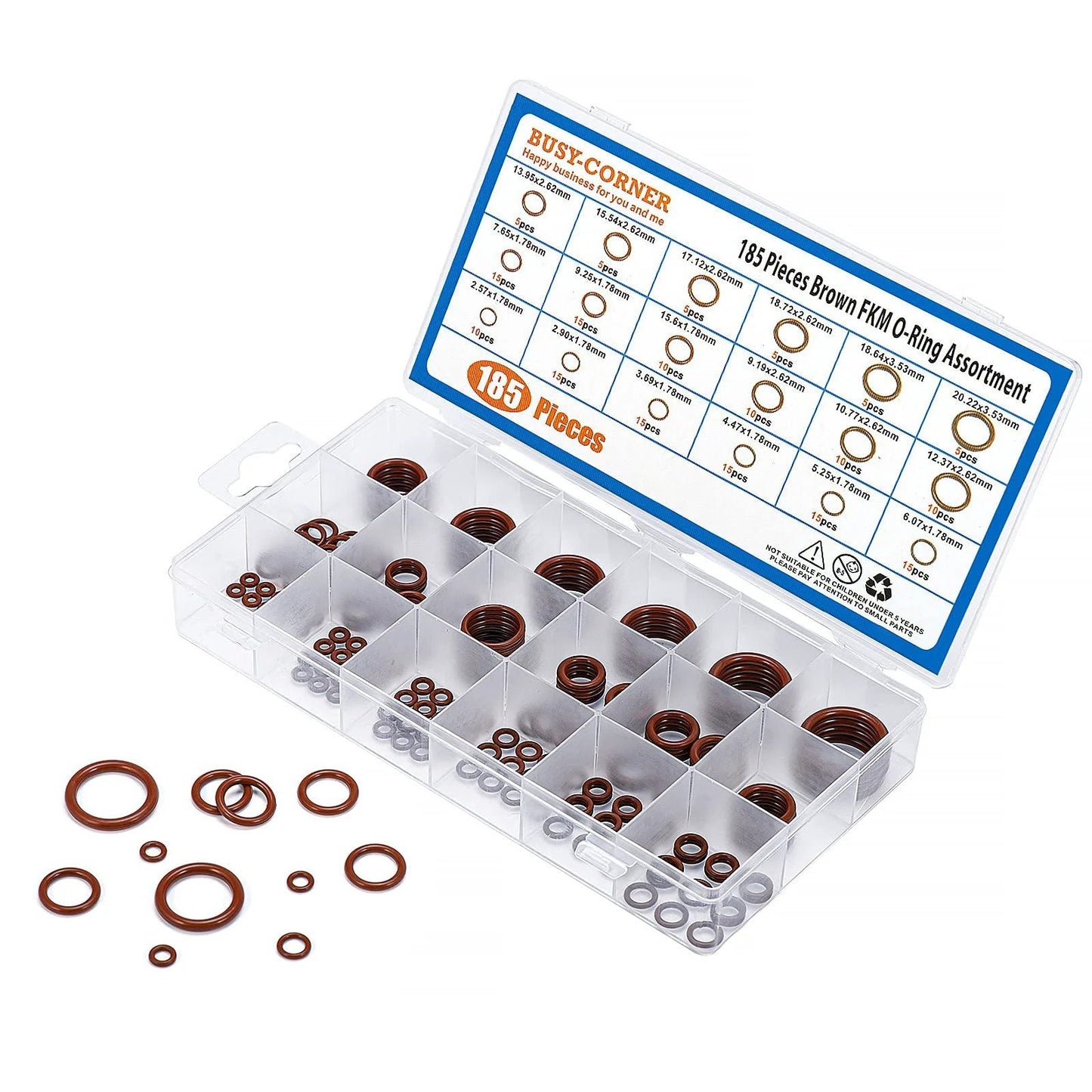 Pro Grade FKM O Ring Kit With 185 Pieces Brown Fluorocarbon 75A Durometer organized in clear storage case with chart.