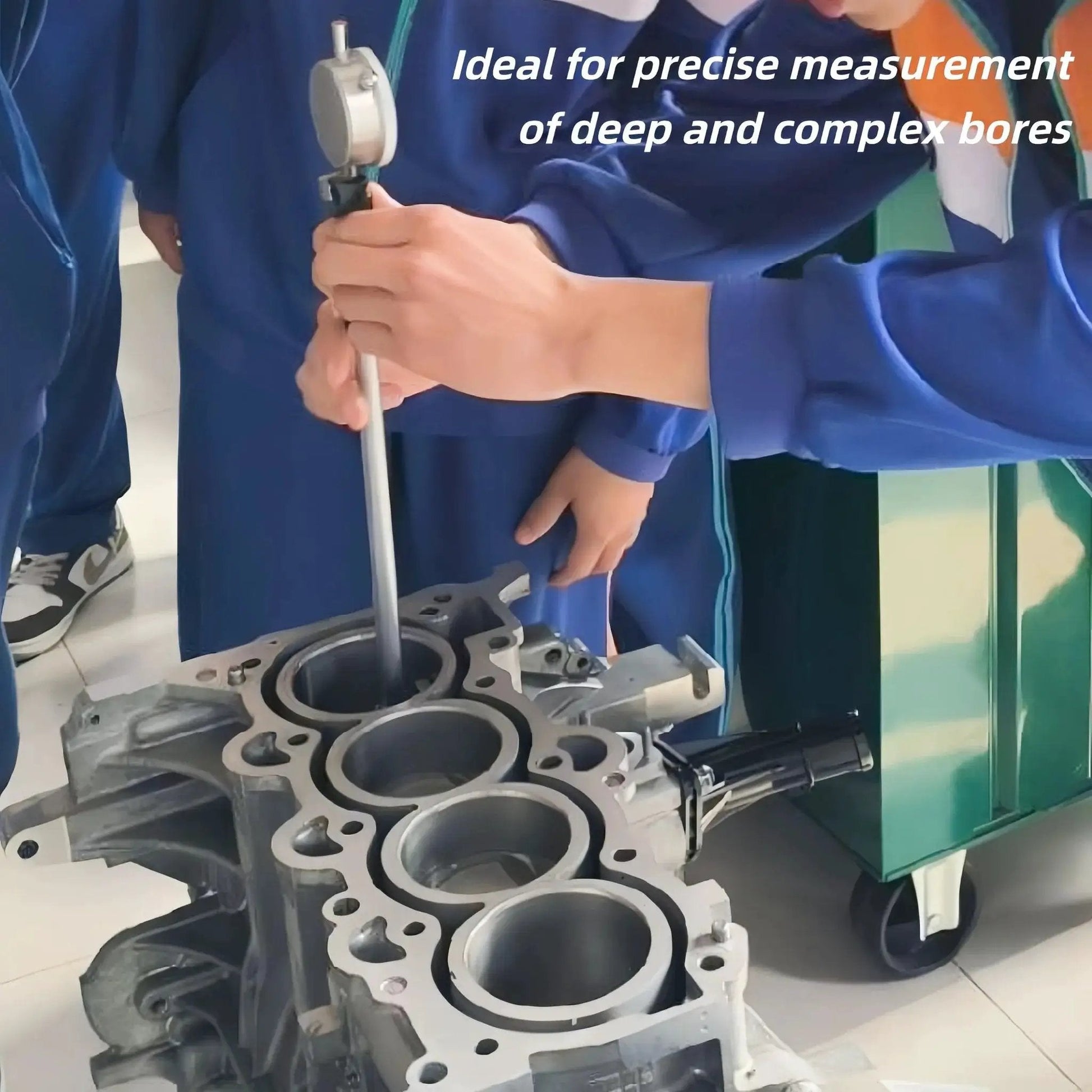 Person using Dial Bore Gauge Set 2 to 6 Inches With 0.001 Inch Accuracy, Self Centering Dial Indicator For Engine Cylinder Holes on engine block.