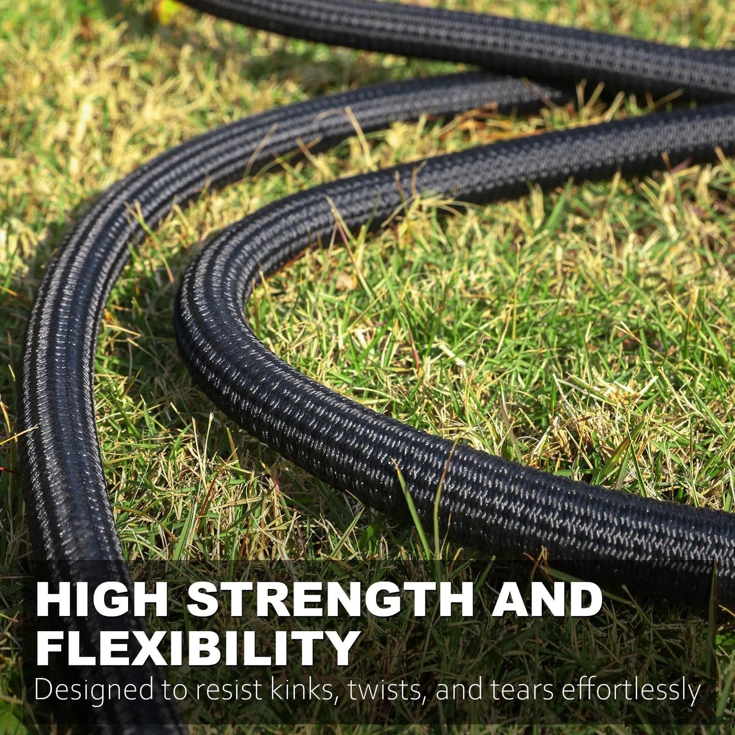 Ultra Lightweight Non Expanding Garden Hose With 10 Function Sprayer on grass, flexible and durable, showing no kinks.