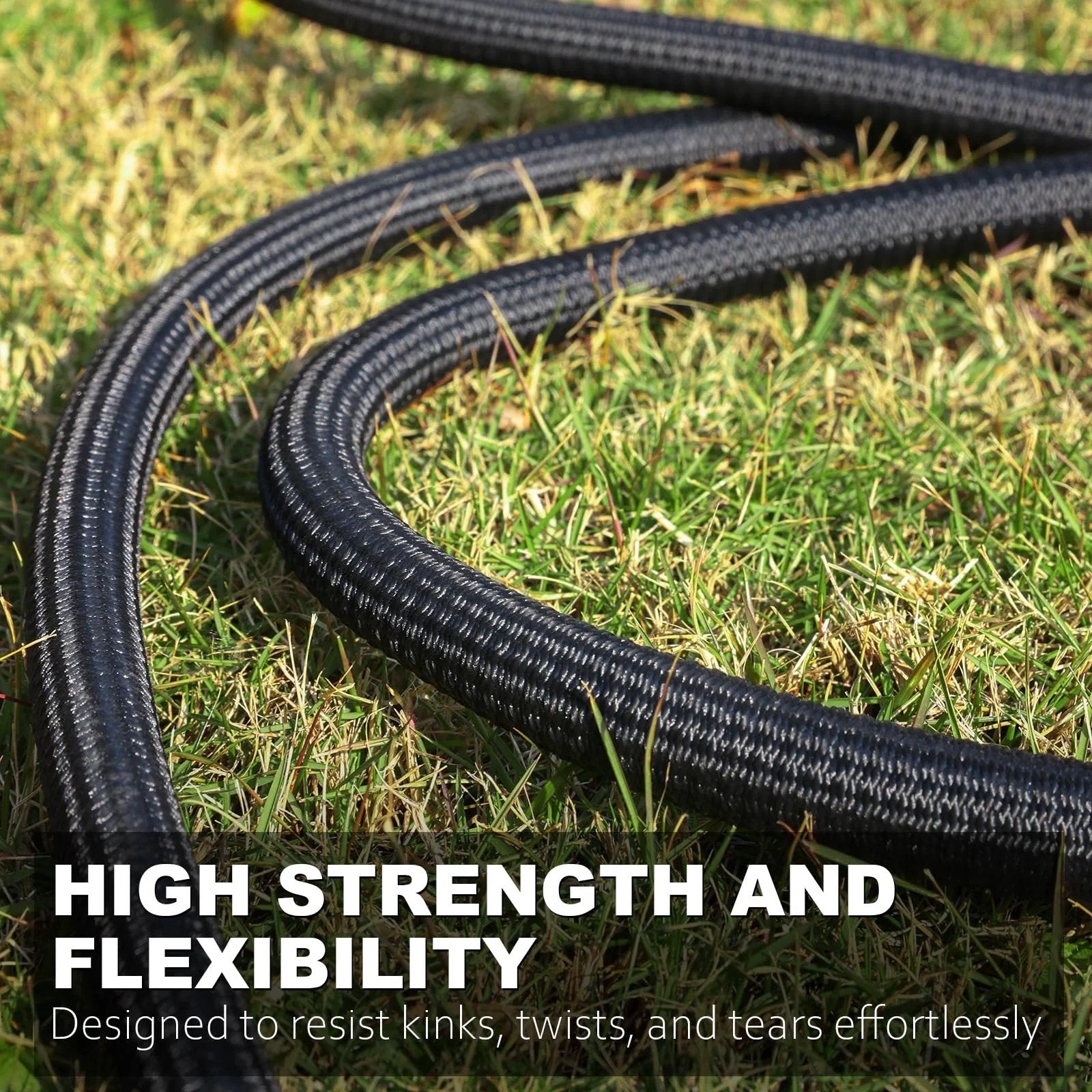 Ultra Lightweight Non Expanding Garden Hose With 10 Function Sprayer on grass, flexible and durable, showing no kinks.