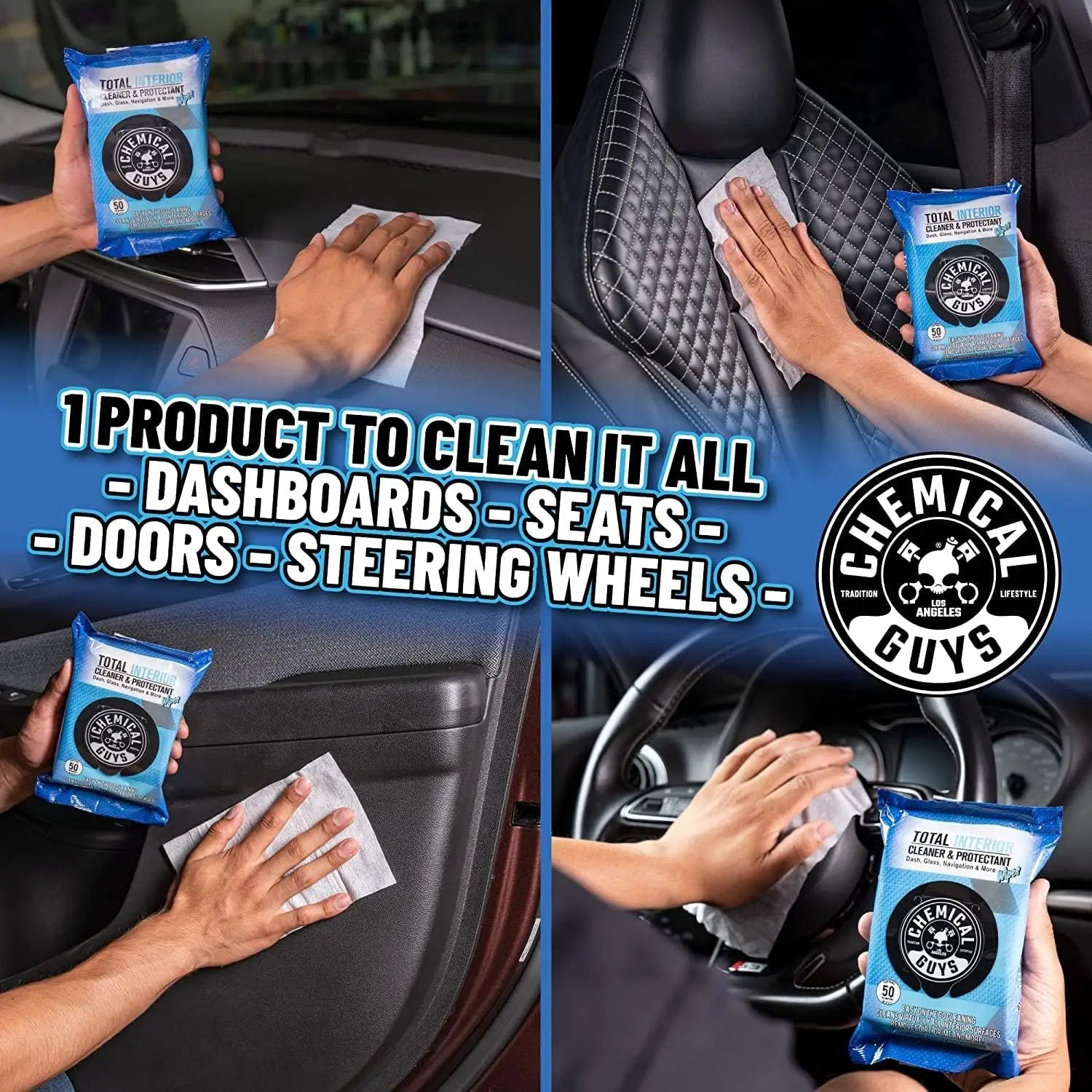 Total Interior Cleaner And Protectant Wipes Mega 50 Pack For Cars Trucks SUVs Motorcycles RVs And More Safe Easy Clean Up No Mess For All Surfaces By Chemical Guys used on dashboards and seats.