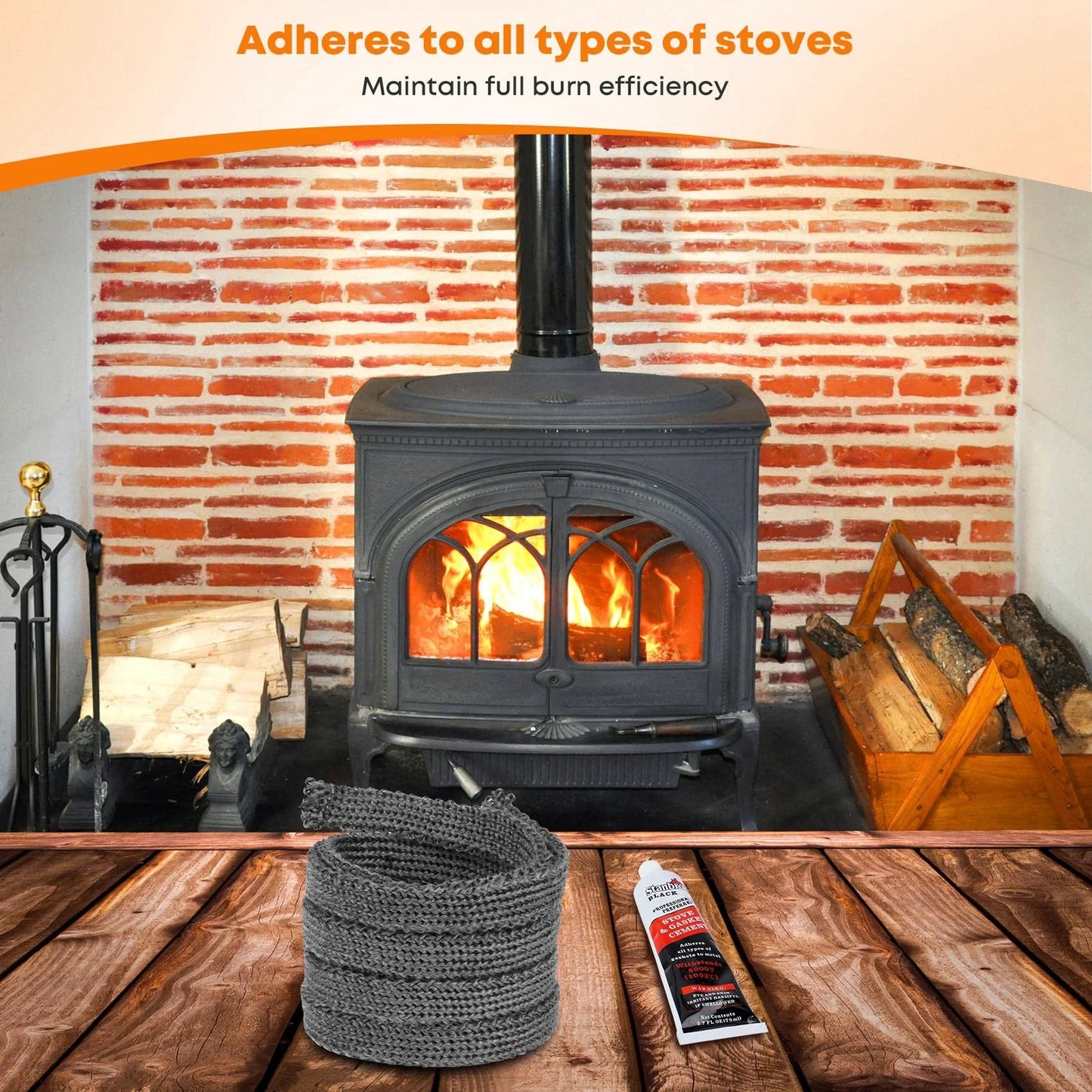 Graphite Impregnated Fiberglass Flat Rope Seal and High Temperature Cement Gasket Kit for Wood Stoves Replacement in front of a stove