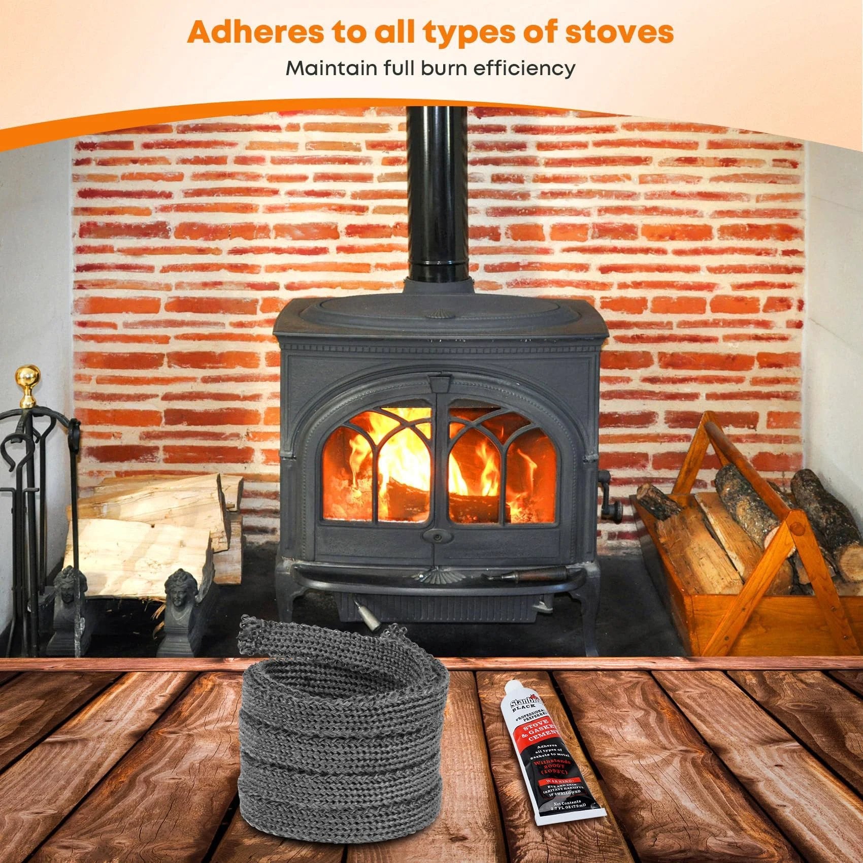 Graphite Impregnated Fiberglass Flat Rope Seal and High Temperature Cement Gasket Kit for Wood Stoves Replacement in front of a stove