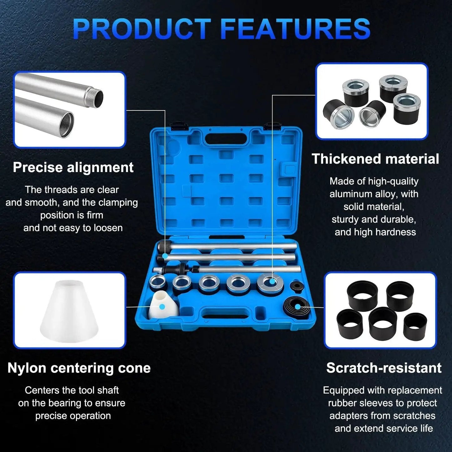 Universal Cam Bearing Installation And Removal Tool Kit with adapters and sleeves in open blue case, features displayed around it.
