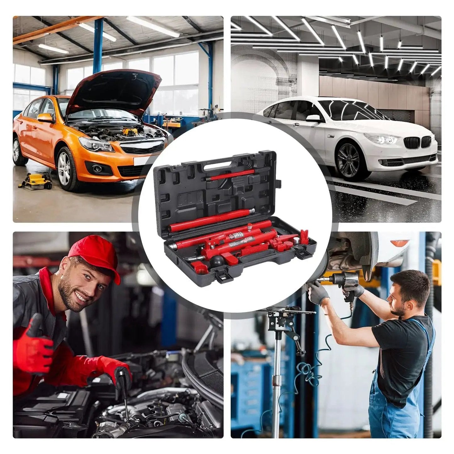 10 Ton Hydraulic Porta Power Kit With Wheeled Case Ram Pump Hose For Automotive in use during car repairs