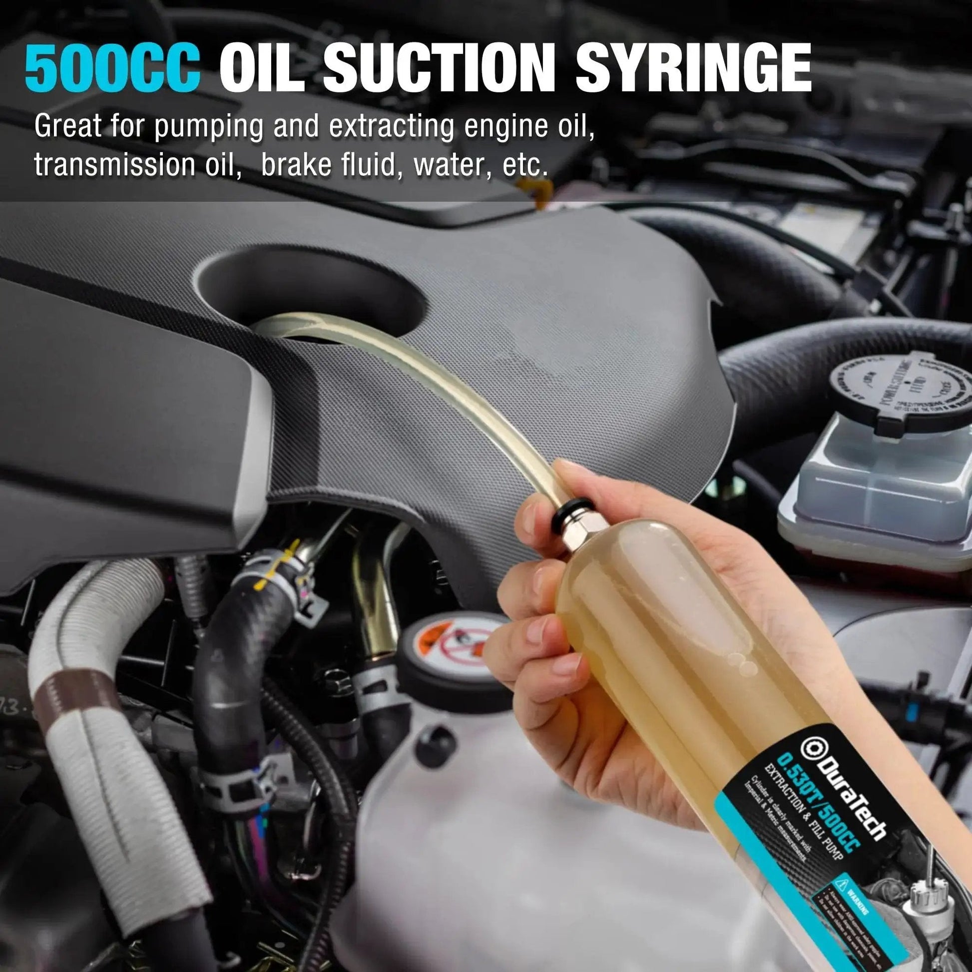 500cc Fluid Extractor With Long Hose And Extension Tubes For Brake Fluid And Oil in use on car engine