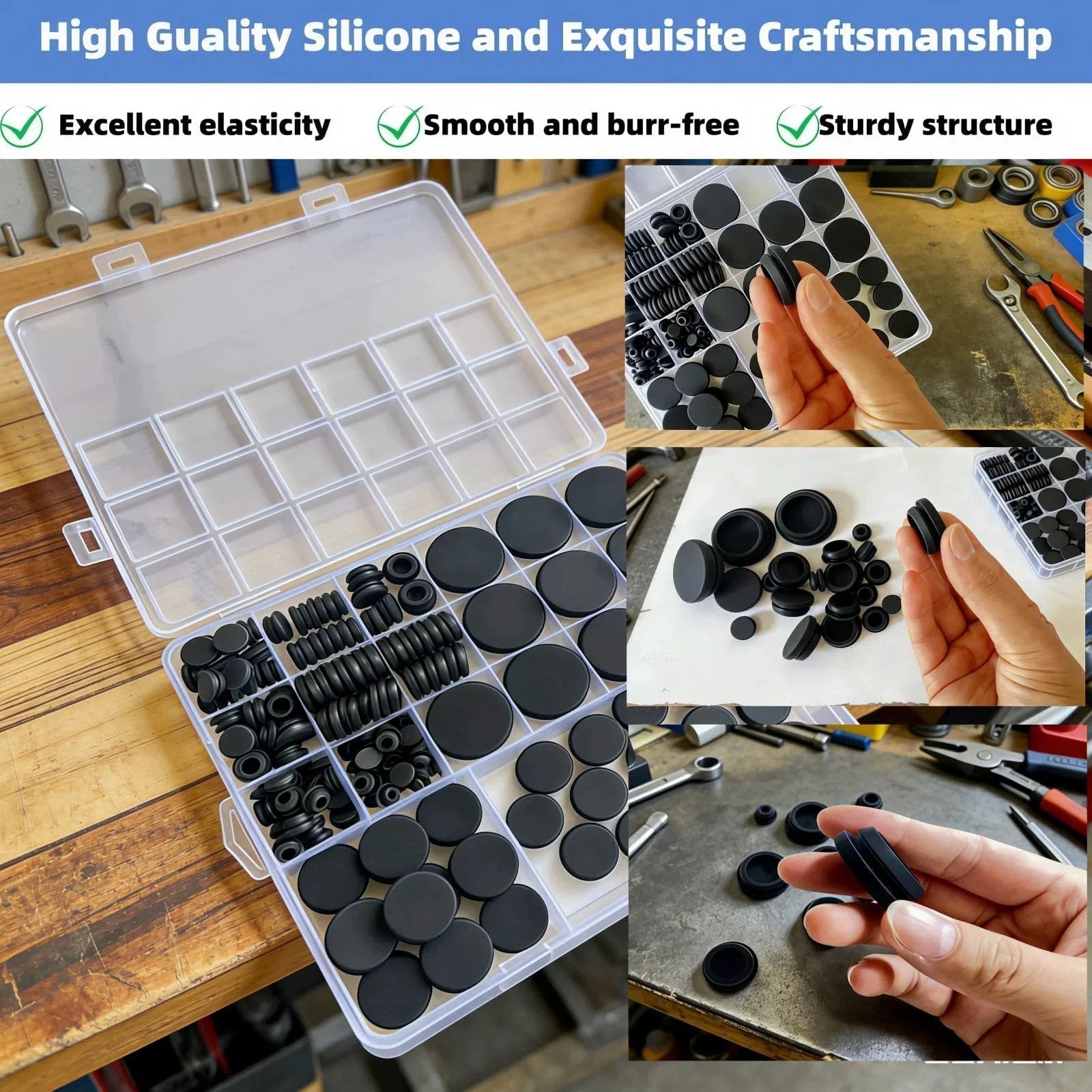 125 Pieces Black Rubber Round Hole Plugs Set In Eight Sizes Silicone Plugs For Round Holes For Furniture Office Kitchen Automotive One Inch Three Quarter Inch Five Eighths Inch One Half Inch Three Eighths Inch Five Sixteenths Inch One Quarter Inch One displayed in case