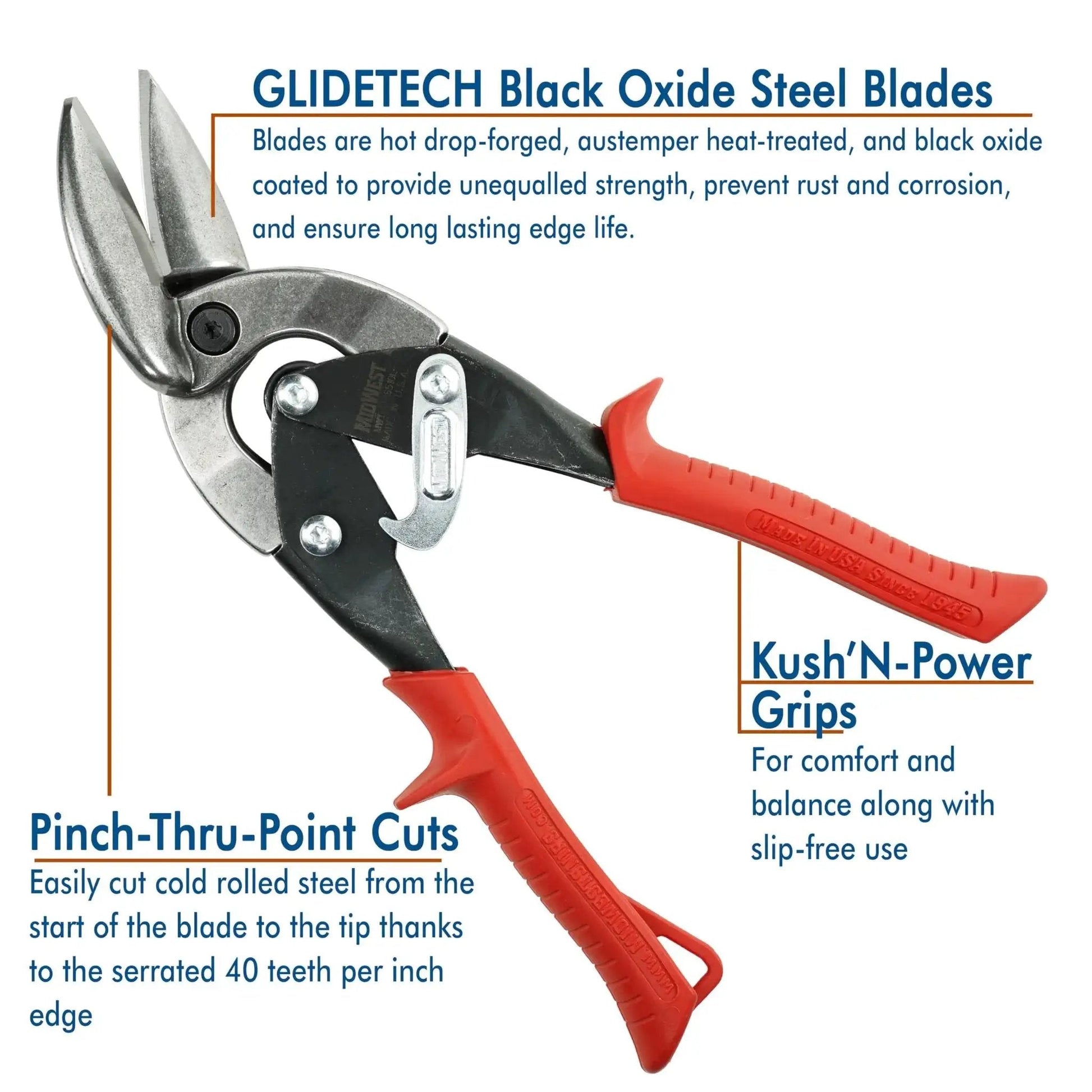 Beefed Up 2 Piece Offset Aviation Snip Set showing Glidetech black oxide steel blades and Kush'N-Power grips, USA made.